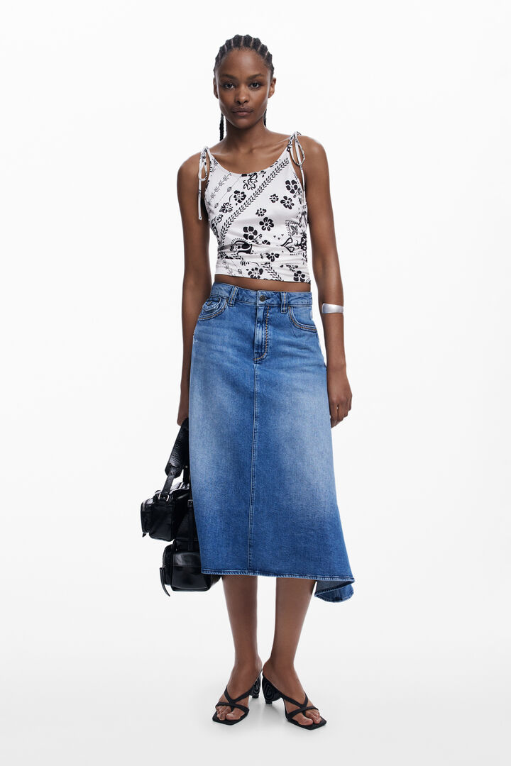 Asymmetric midi denim skirt