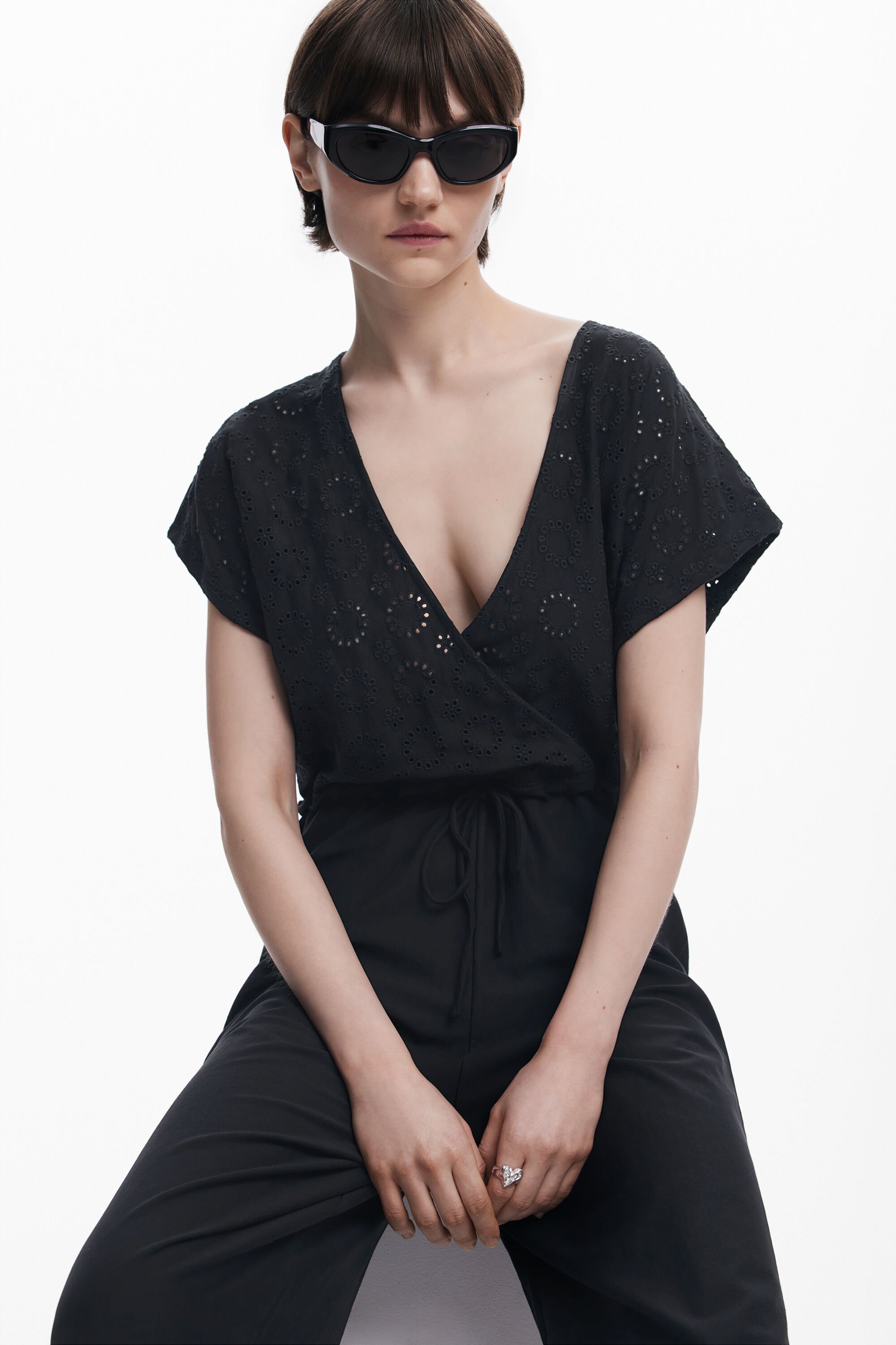 Desigual Eyelet Bodice Cotton Jumpsuit In Black