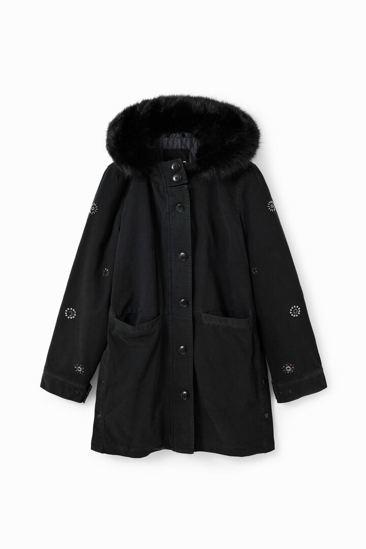 Embroidered hooded parka