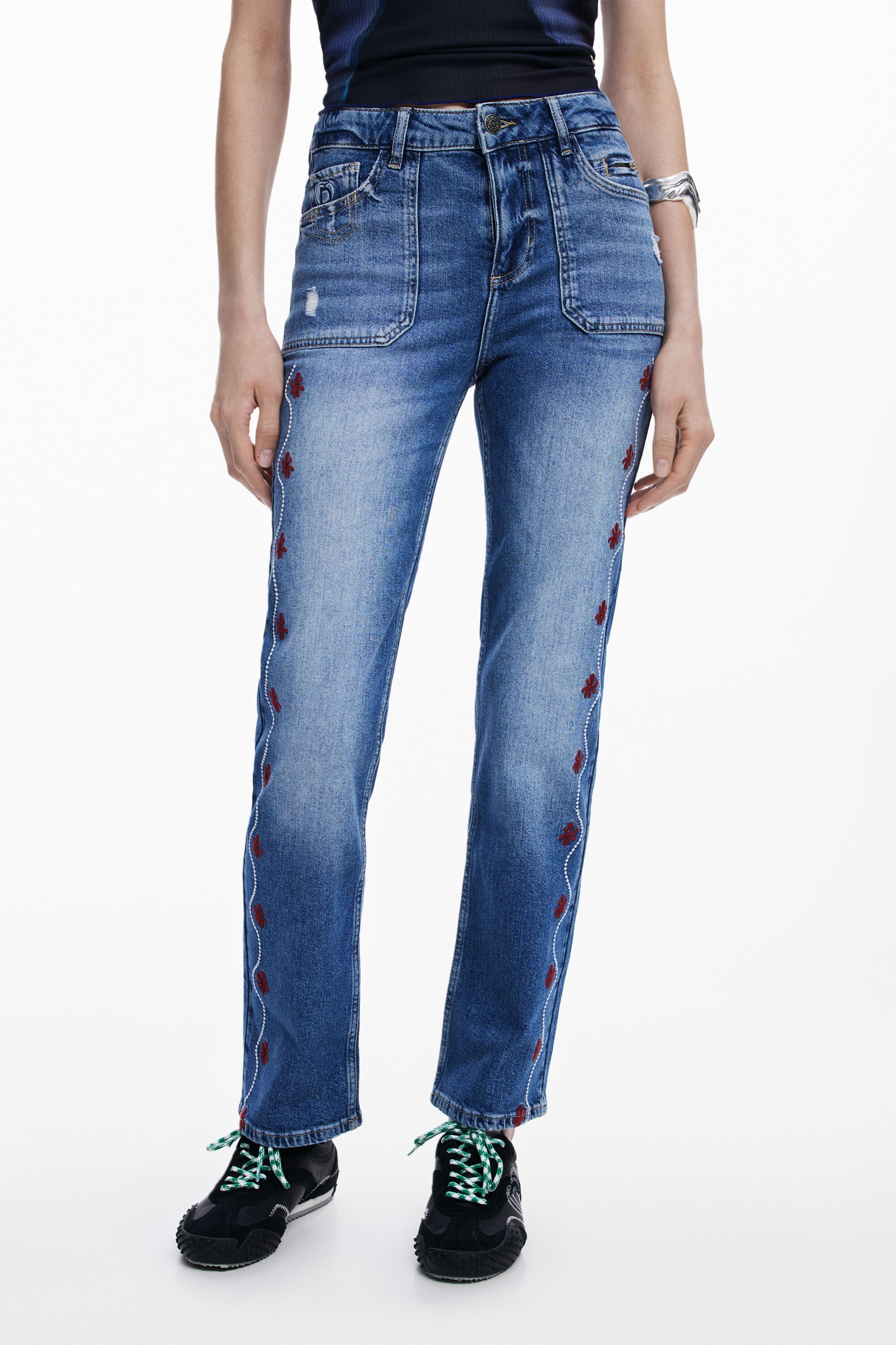 Desigual Straight Jeans With Border In Blue