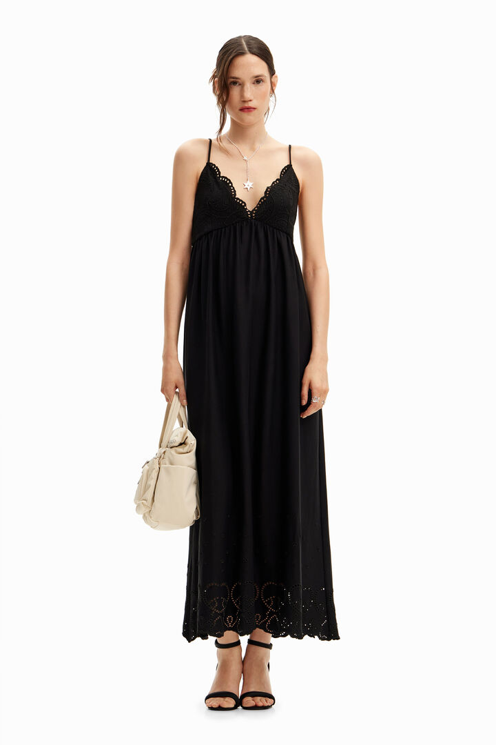 Long dress with thin straps and lace.
