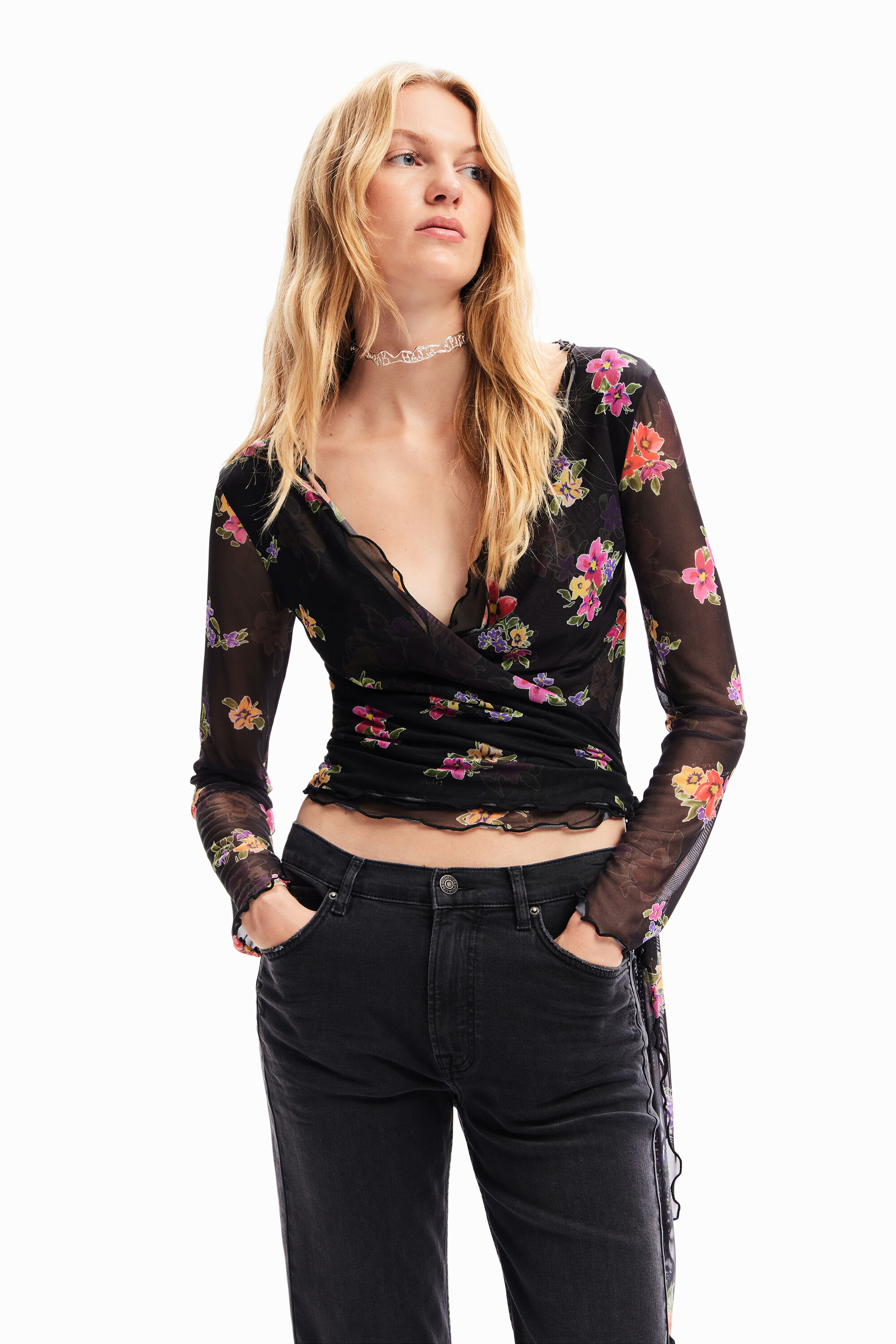 Desigual Wrap floral tulle blouse