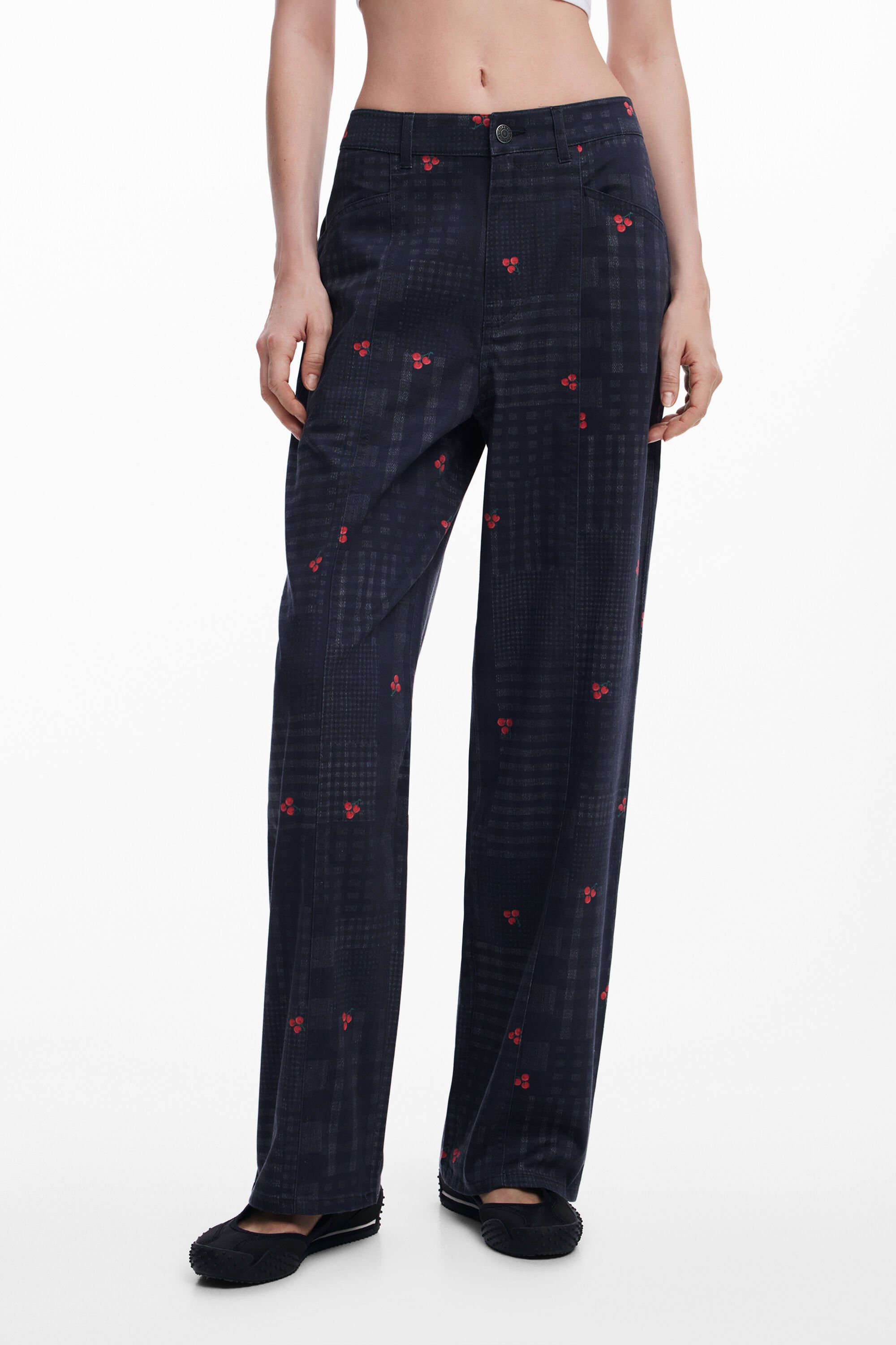 Desigual Checkered And Cherry Pants In Black