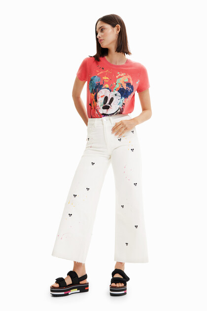 Cropped denim culotte Mickey Mouse