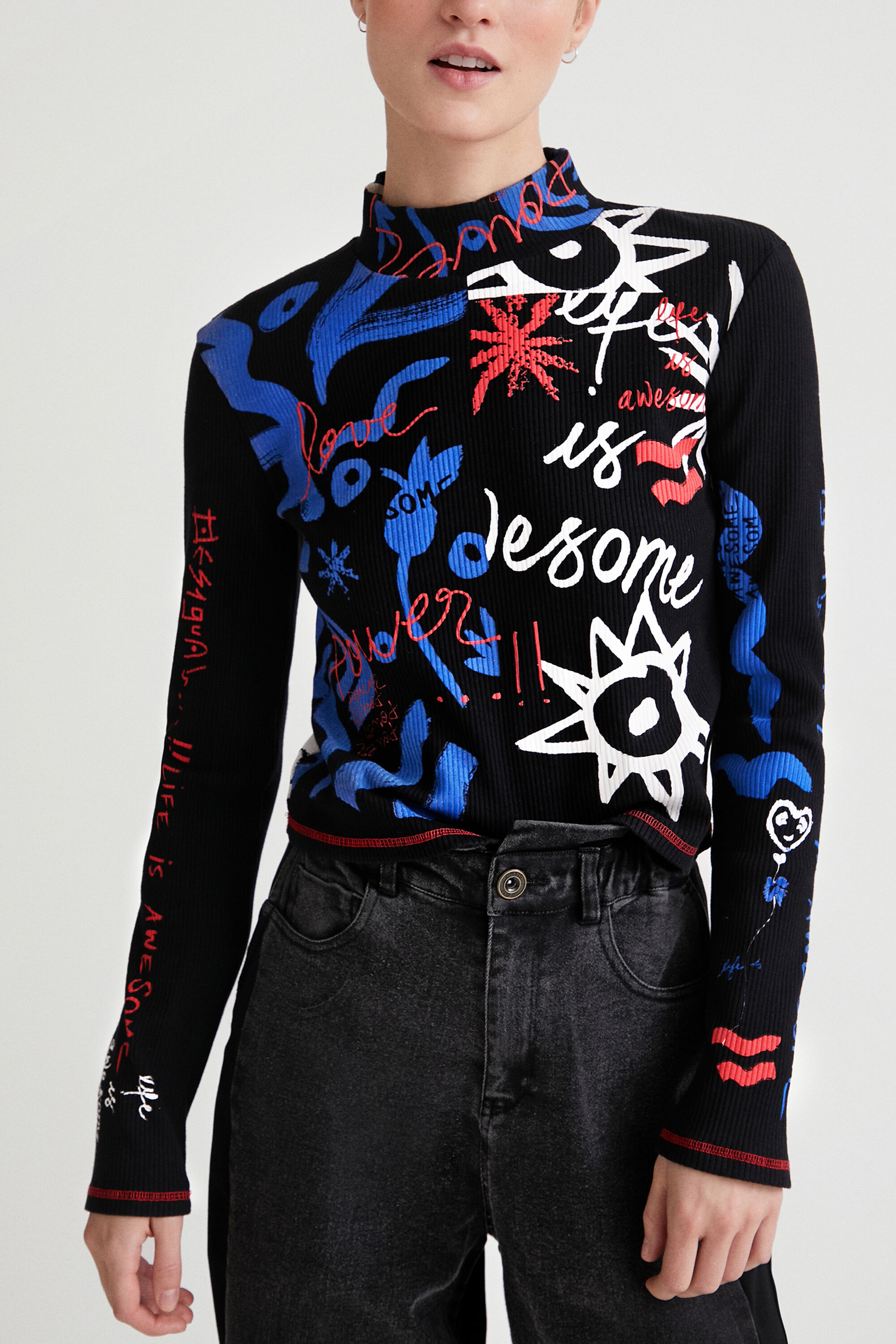 デシグアル Desigual Life is awesome メリヤス編みTシャツ （ホワイト） デシグアル Desigual Life is awesome メリヤス編みTシャツ