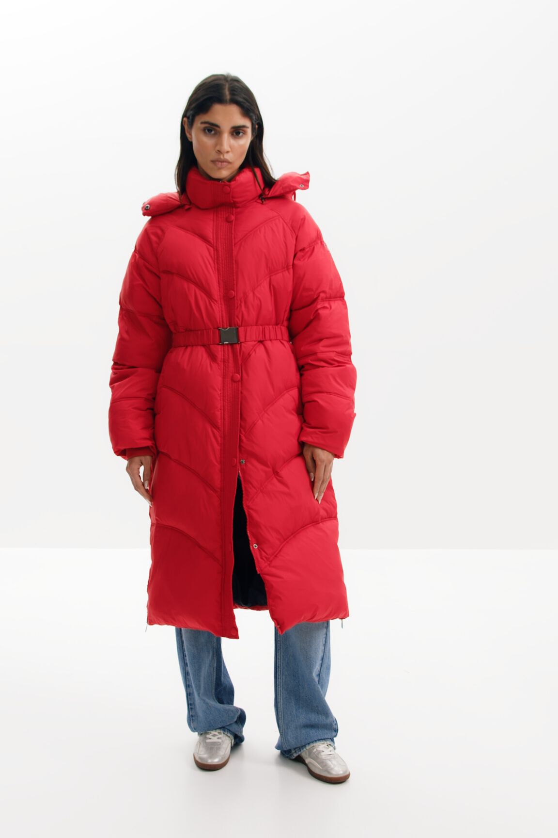 Red long padded coat on sale