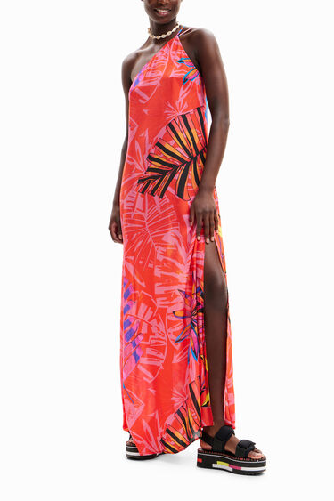 Asymetryczna sukienka średniej długości z nadrukiem w tropikalny deseń | Desigual