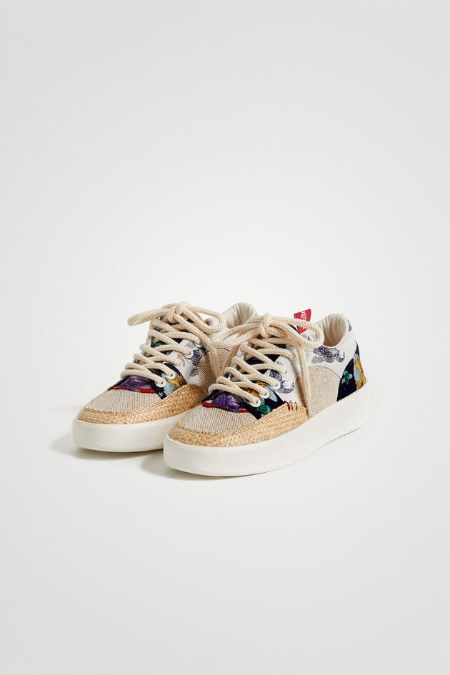 Patchwork sneakers with raffia
