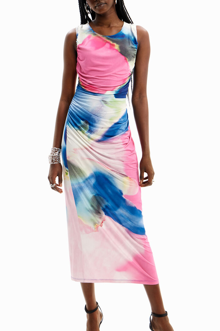 Gathered watercolour midi dress | Desigual