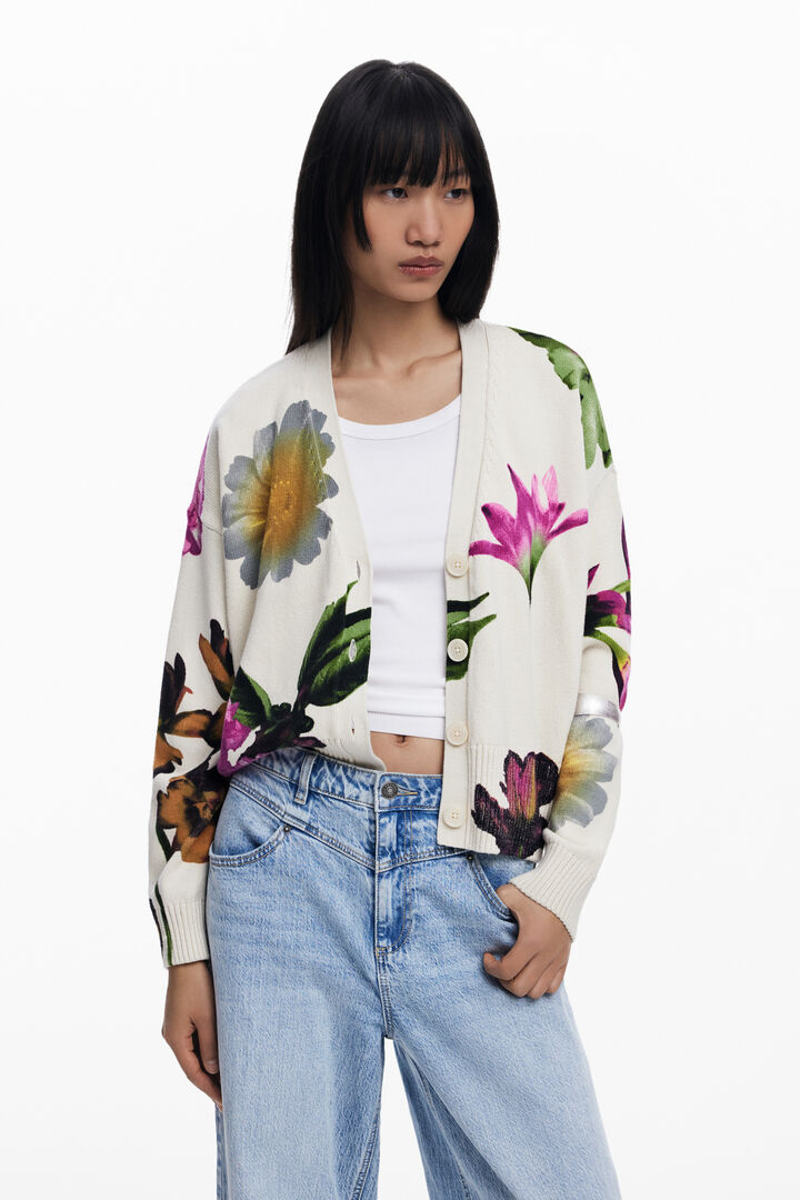 Bedruckte Blumenstrickjacke