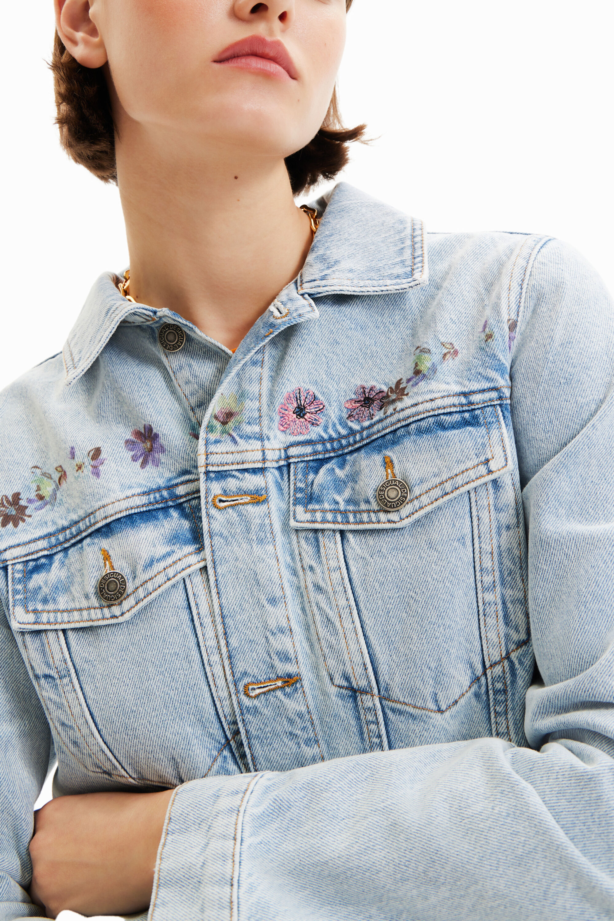 Short floral denim jacket