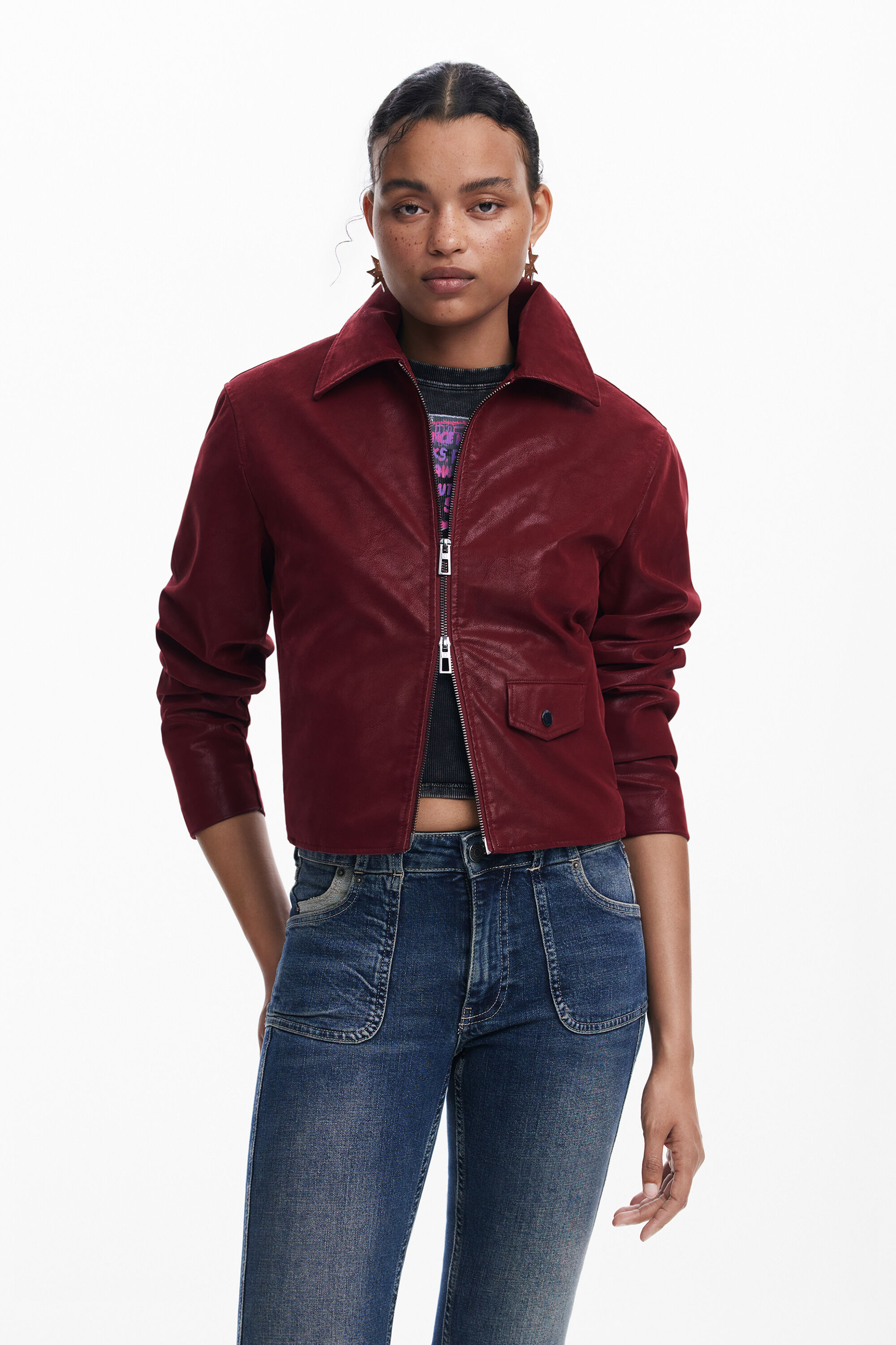 Desigual Women s Shiny Faux Leather Jacket Red Leather Jackets