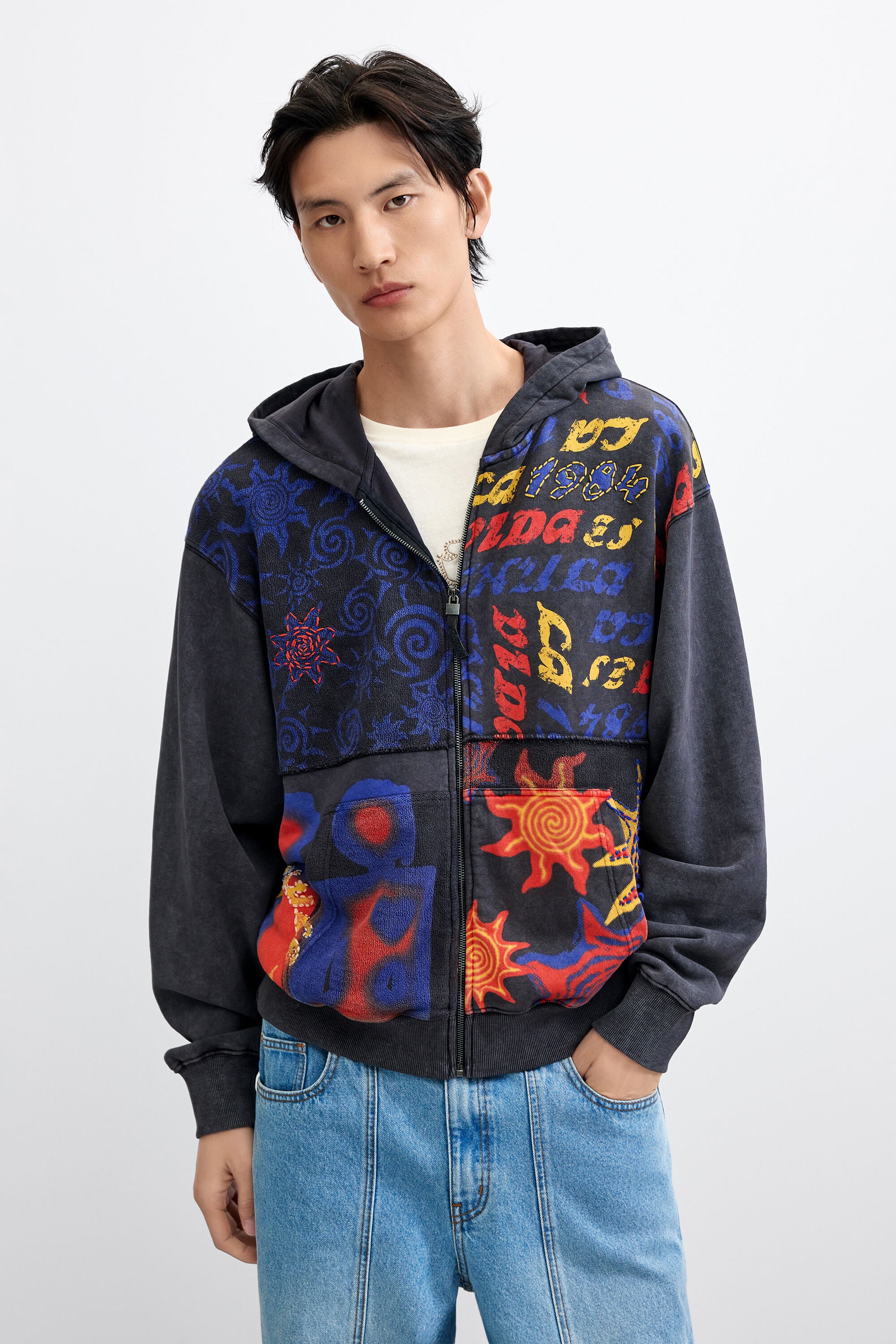 Desigual, Sudadera Capucha Estampada 100% Algodón, Hombre, Algodon, Negro, L