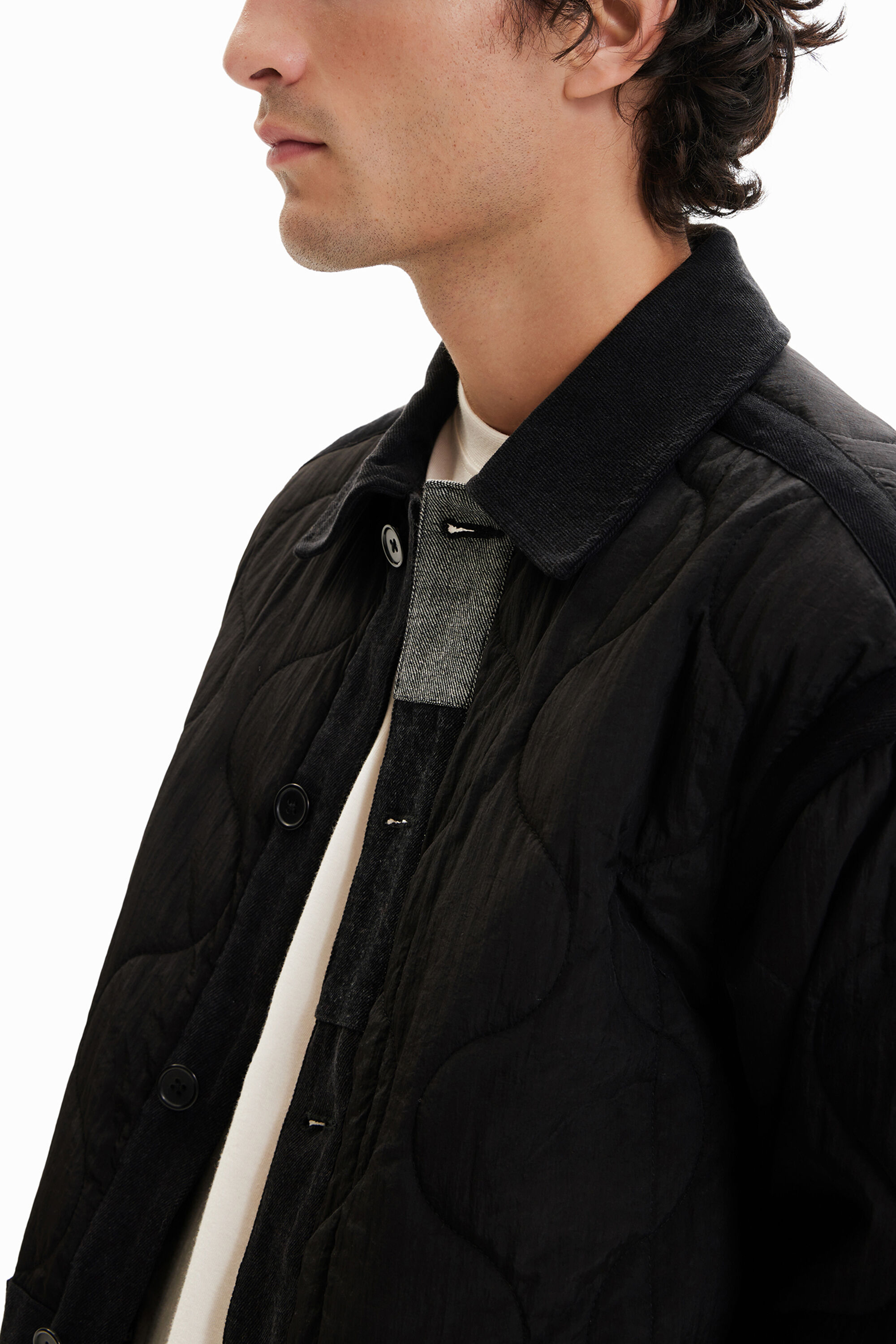Desigual Patchwork Quilted Overshirt In Black