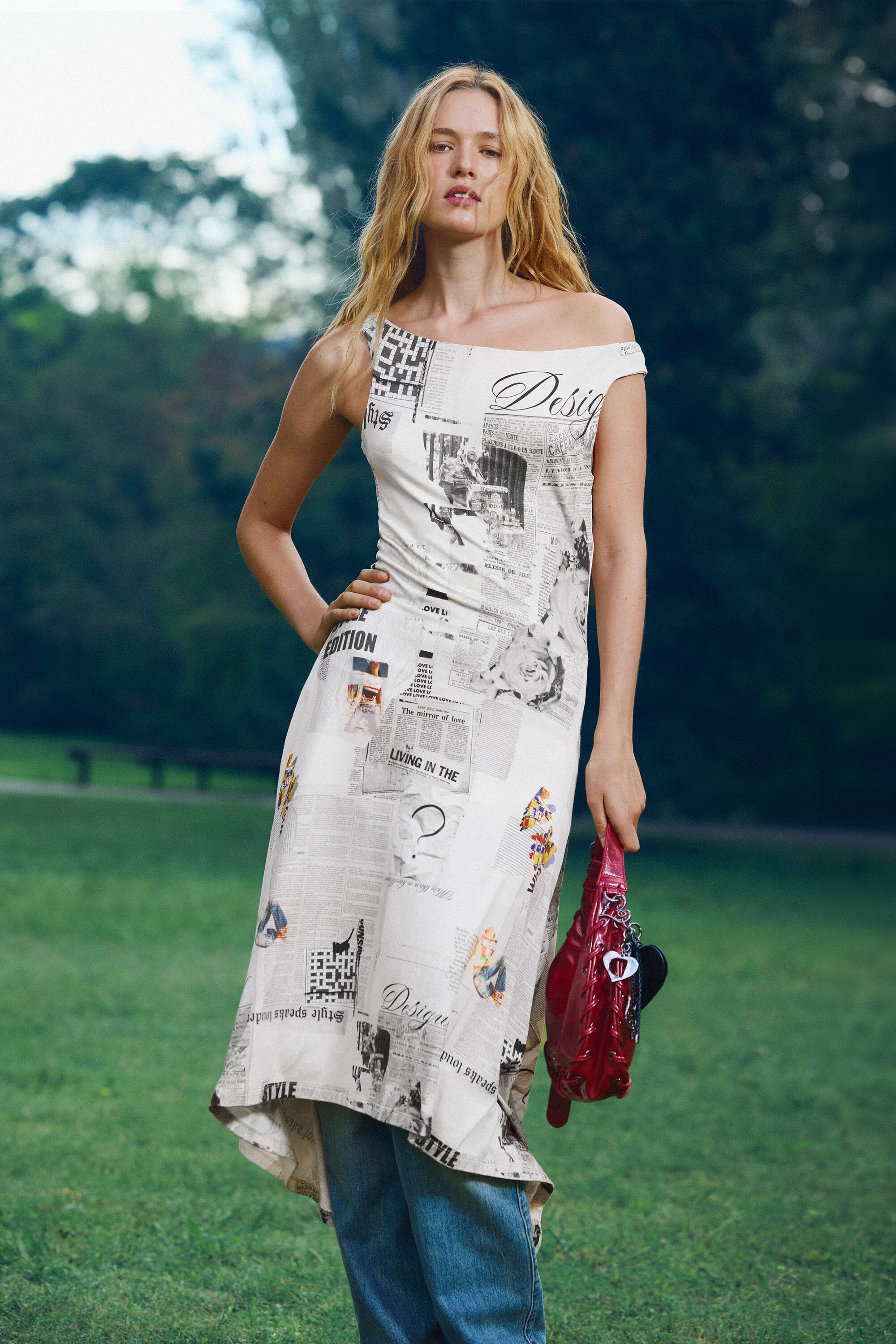 Desigual, midi newspaper dress, Women, Viscose, White, XS