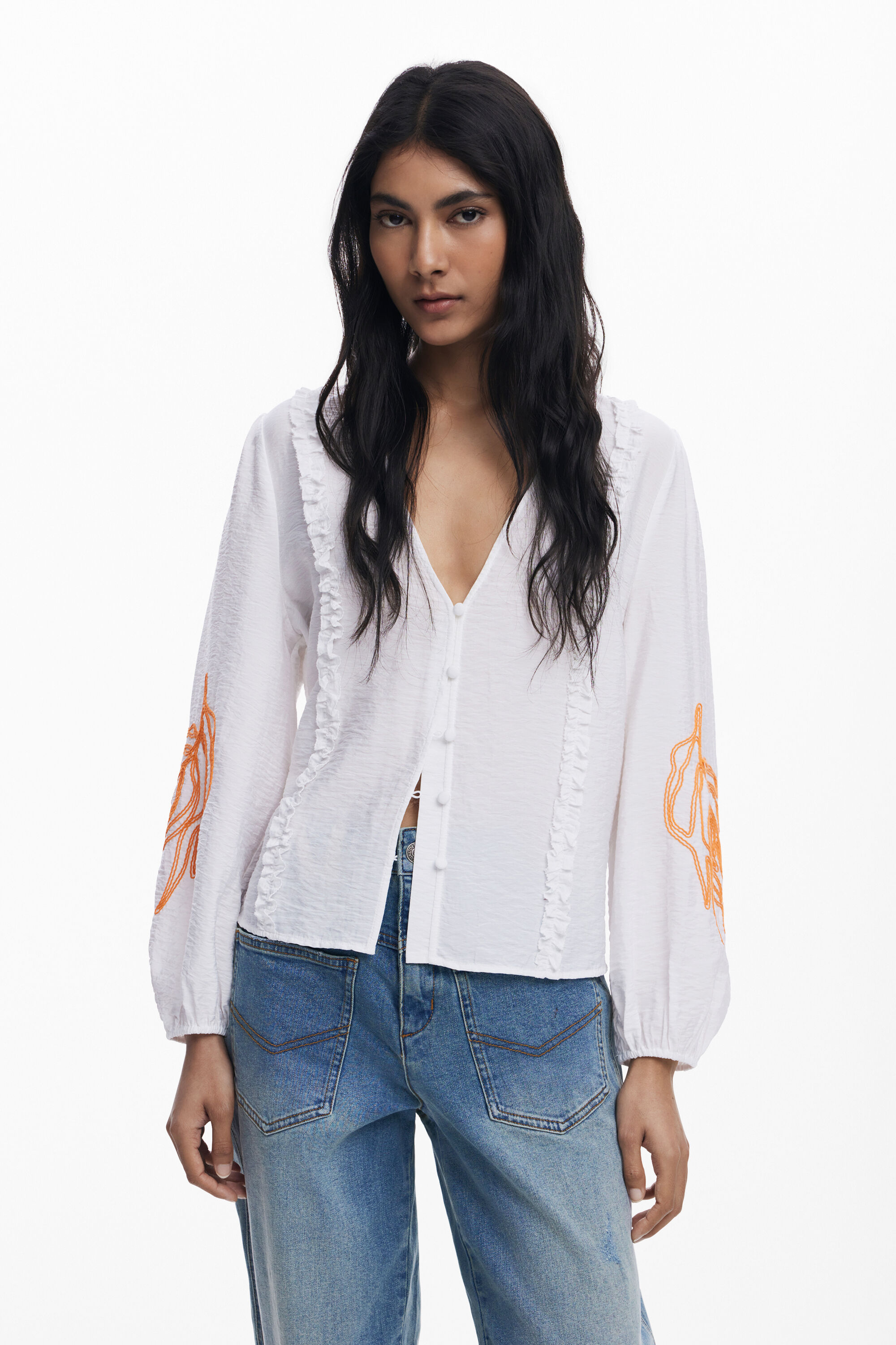Balloon blouse with leaves