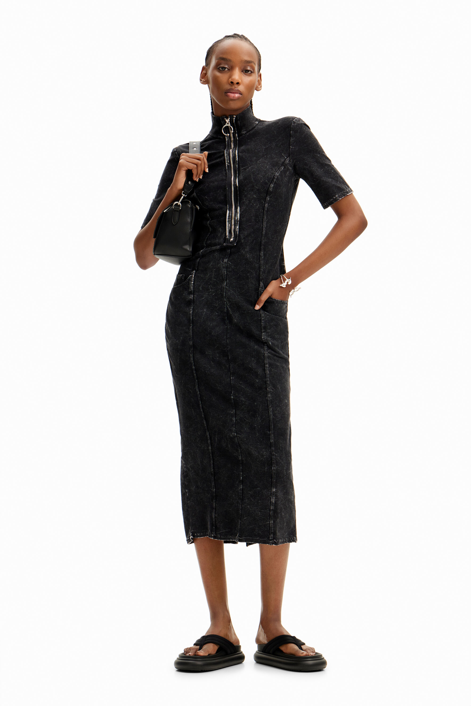 Shop Desigual Gradient Denim Midi Dress In Black