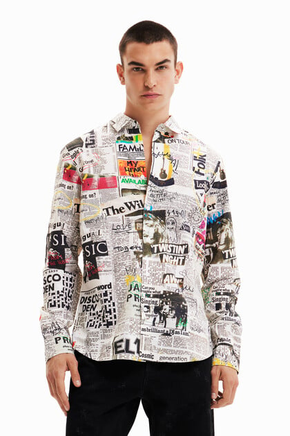 Koszula z motywem kolażu z gazet w stylu arty