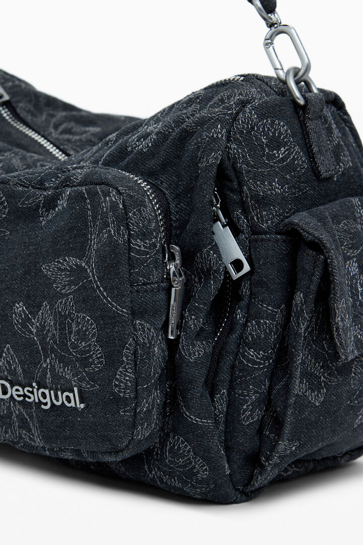 Medium denim multi-pocket embroidered bag | Desigual