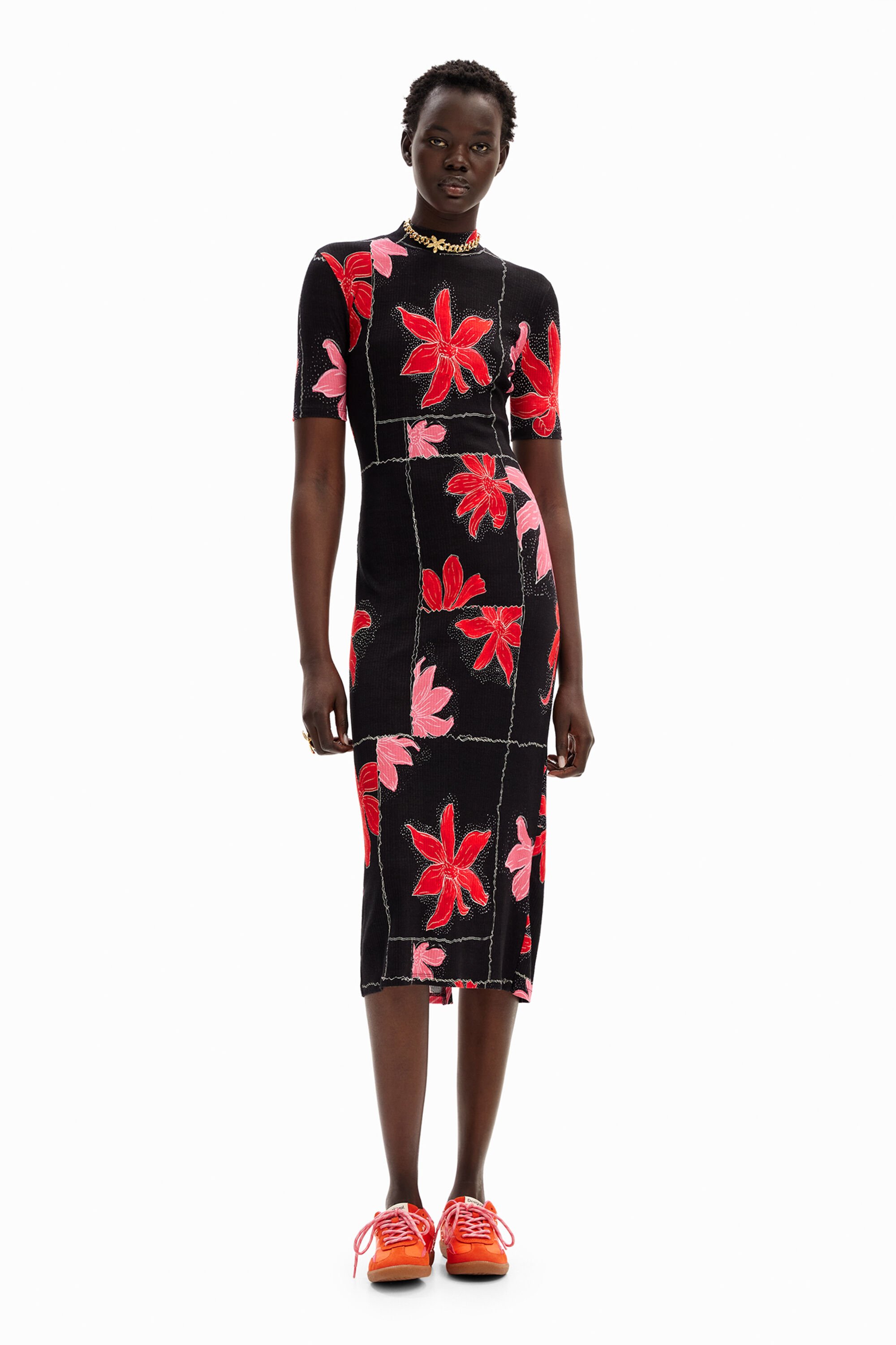 Desigual Ribbed Floral Midi Dress In Red