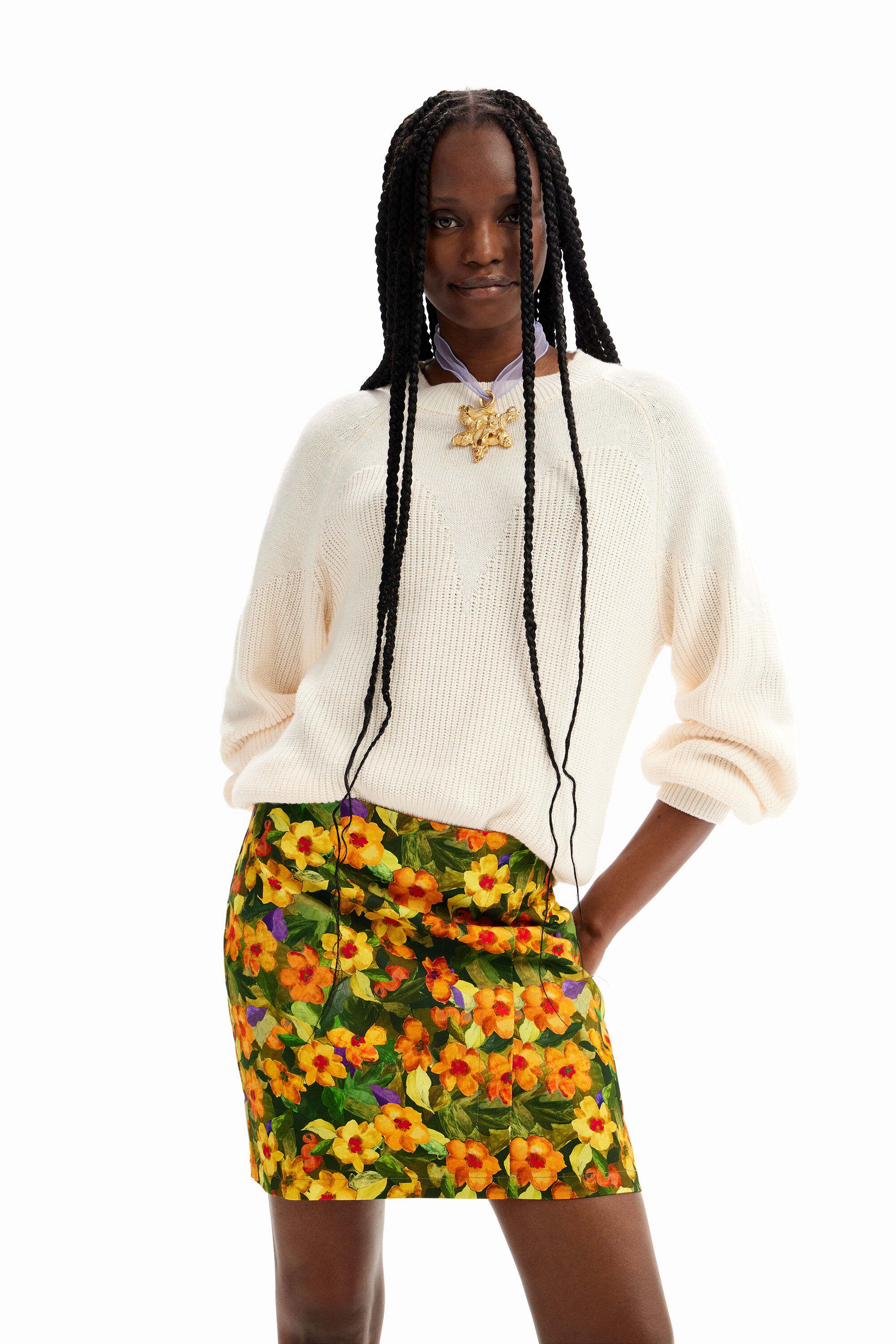 Slim floral mini skirt - ORANGE - XL
