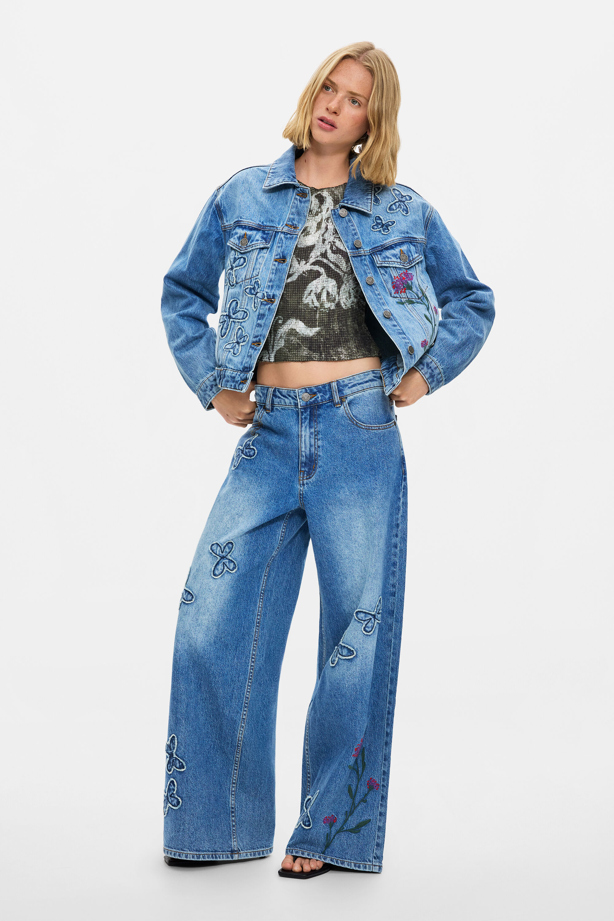 Embroidered denim jacket 100% cotton blue Women's I Desigual.com