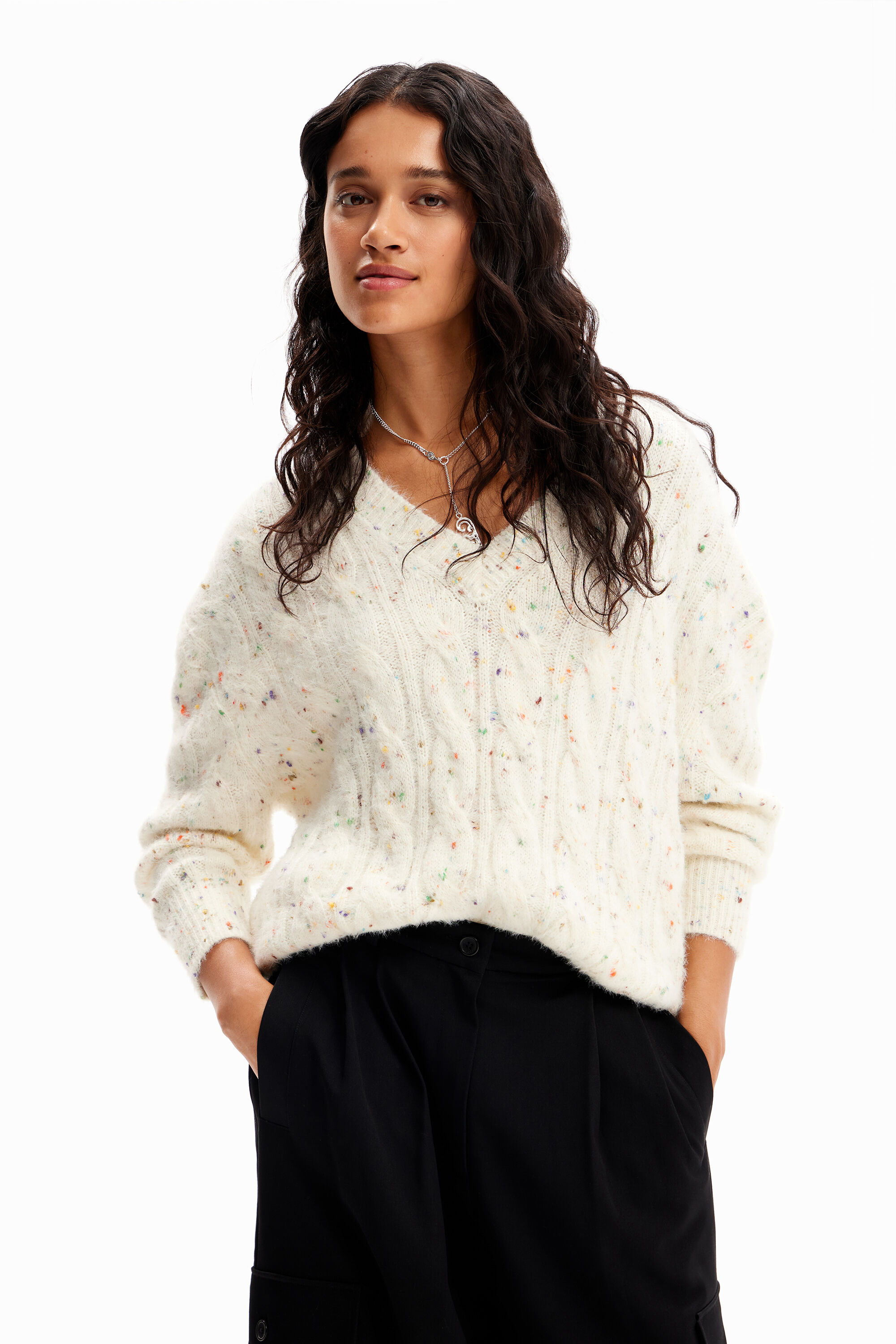 Oversize cable knit pullover - WHITE - M