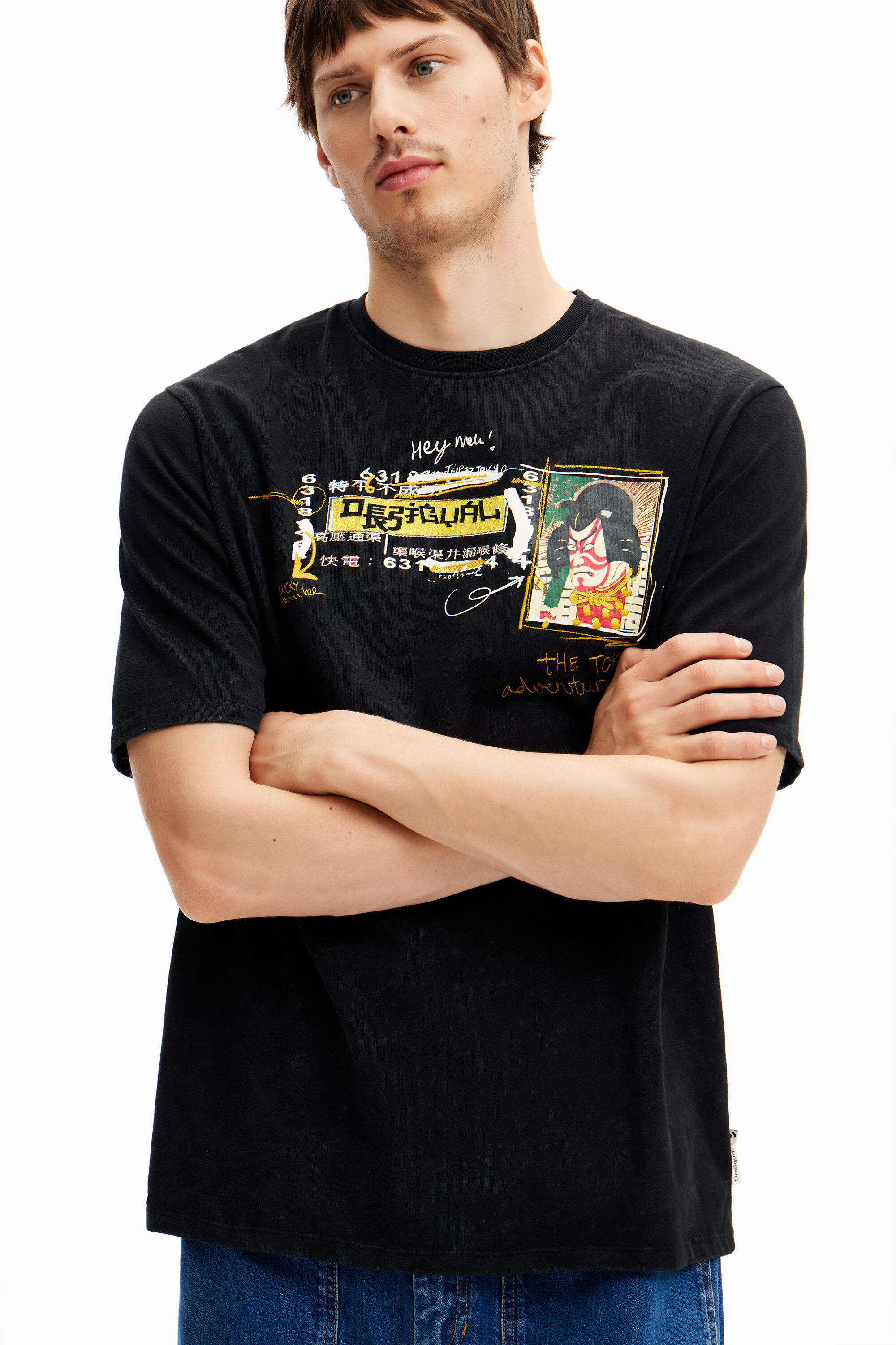 Desigual Short-sleeved T-shirt With Japanese-style Illustration In Black