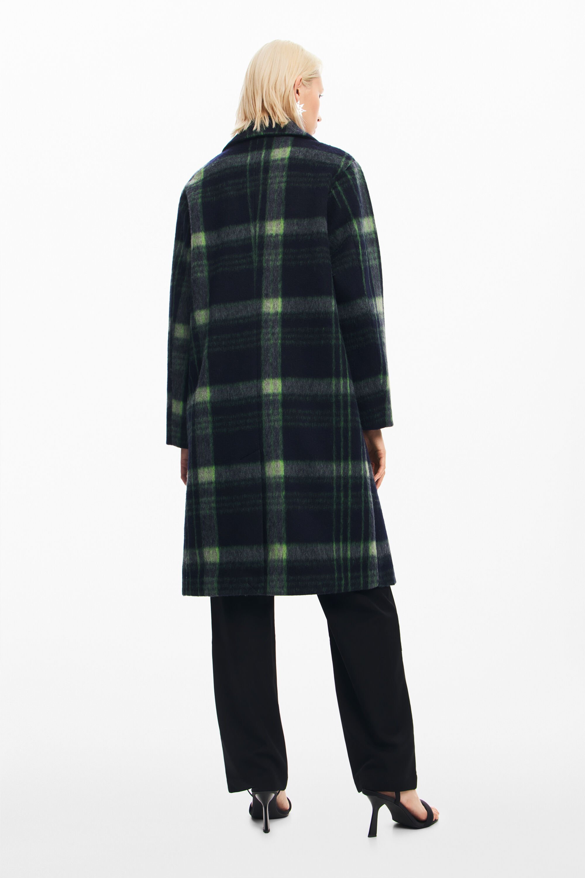Desigual Long Checkered Coat In Blue
