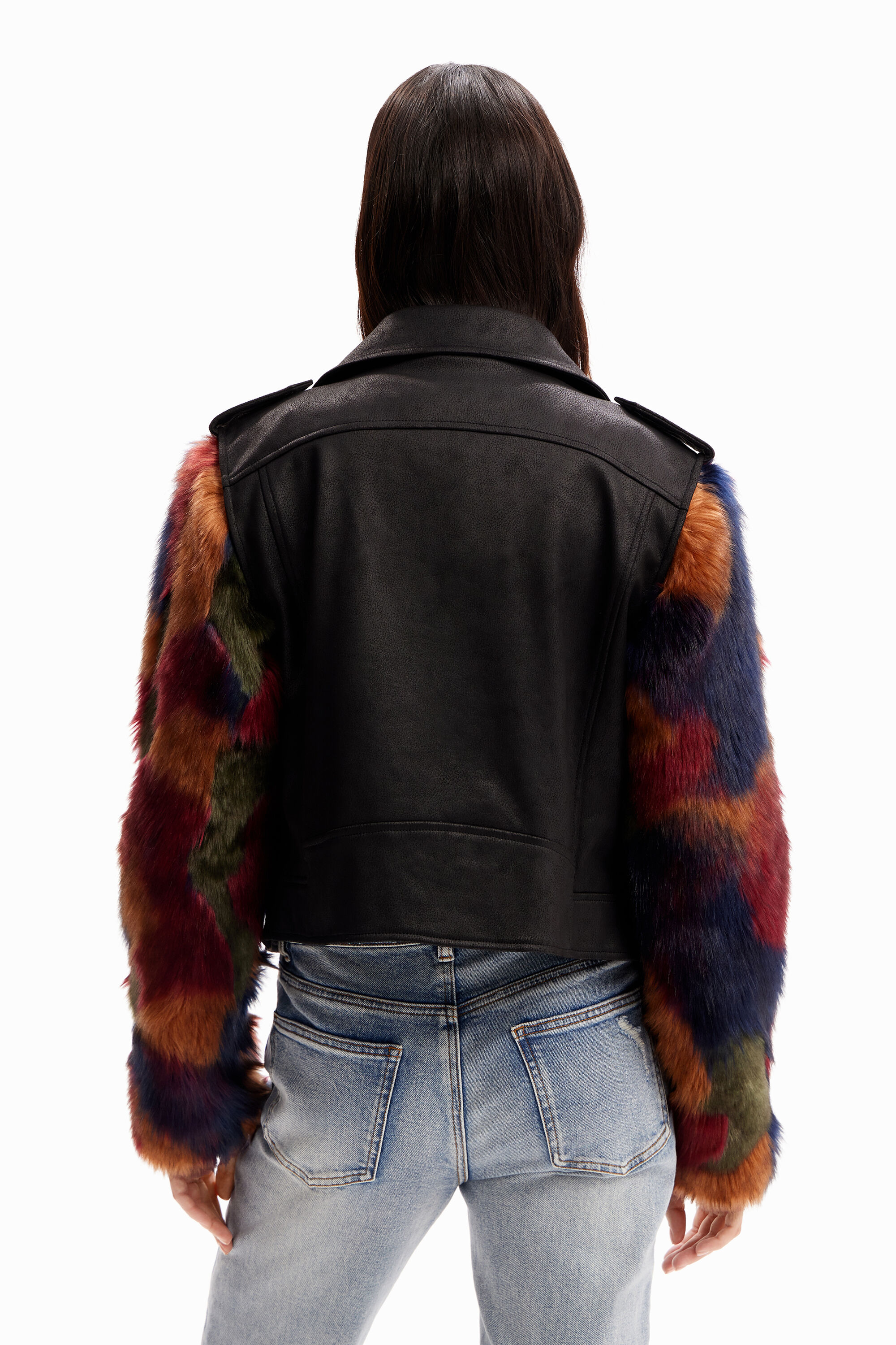 Shop Desigual Detachable Fur-effect Biker Jacket In Black