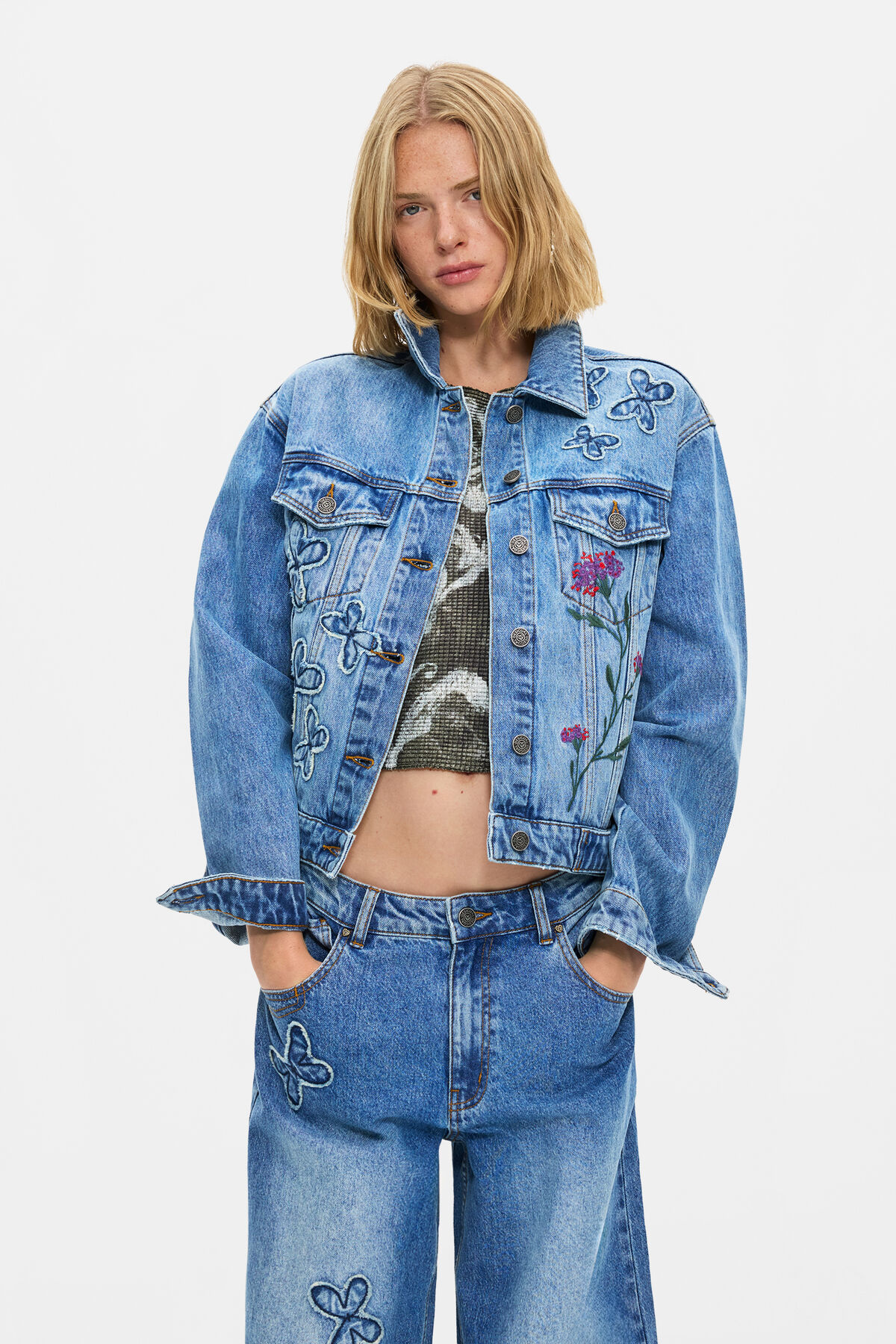 刺繍入りデニムジャケット 100％コットン 青 女性用 I Desigual.com