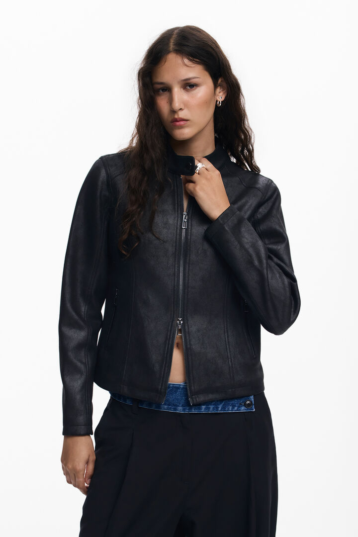 Chaqueta efecto piel combinada