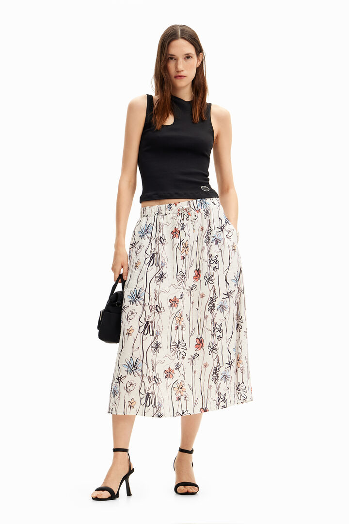 Illustrated floral midi skirt