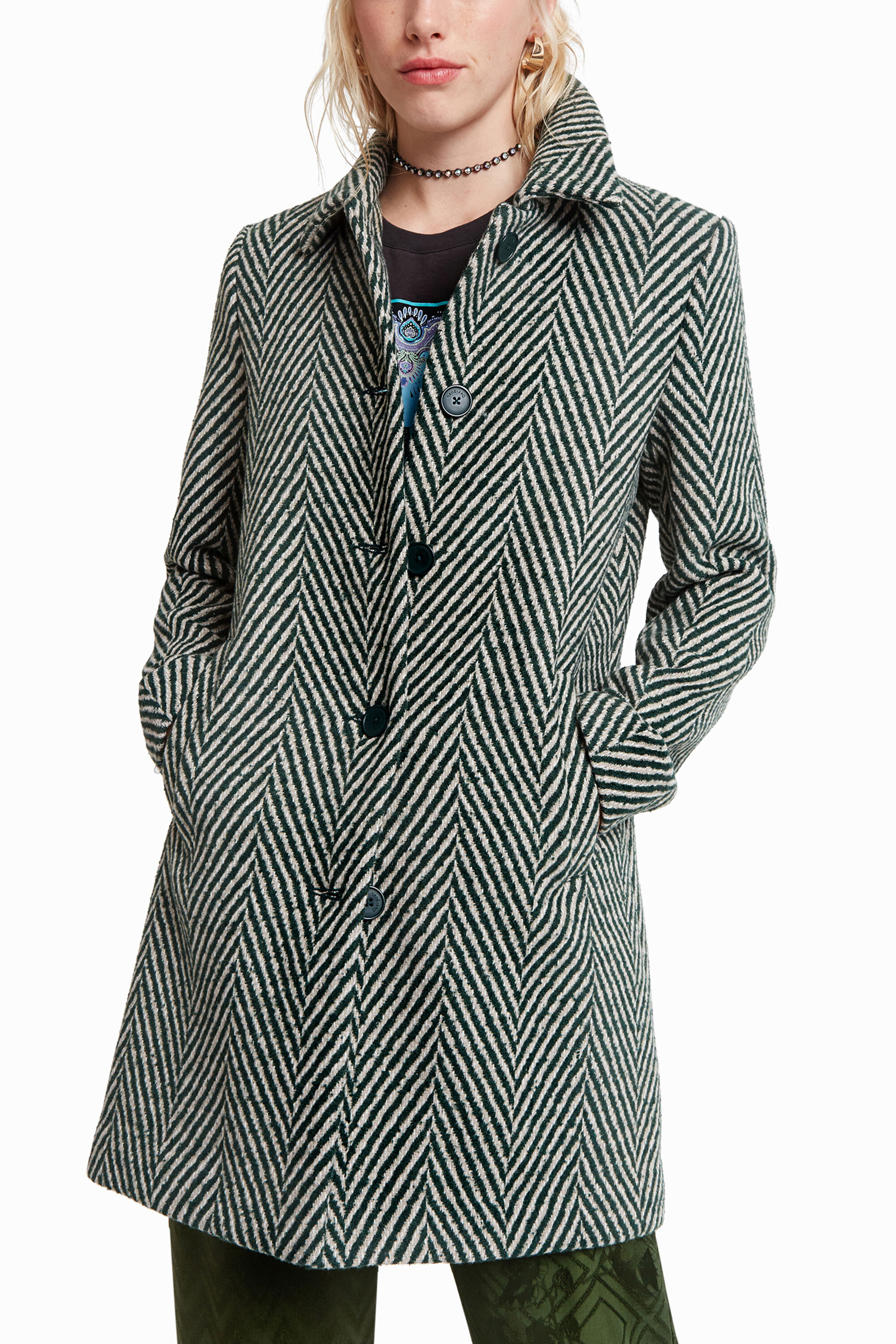 ジグザグデザイン 緑色ウール混紡コート | Desigual.com