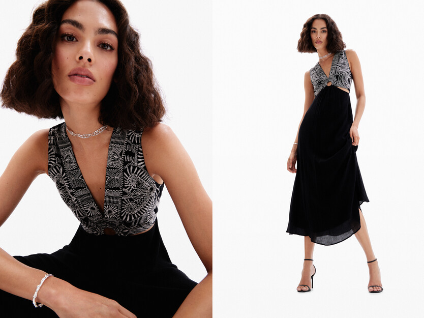 Vestido largo bordado cut-outs