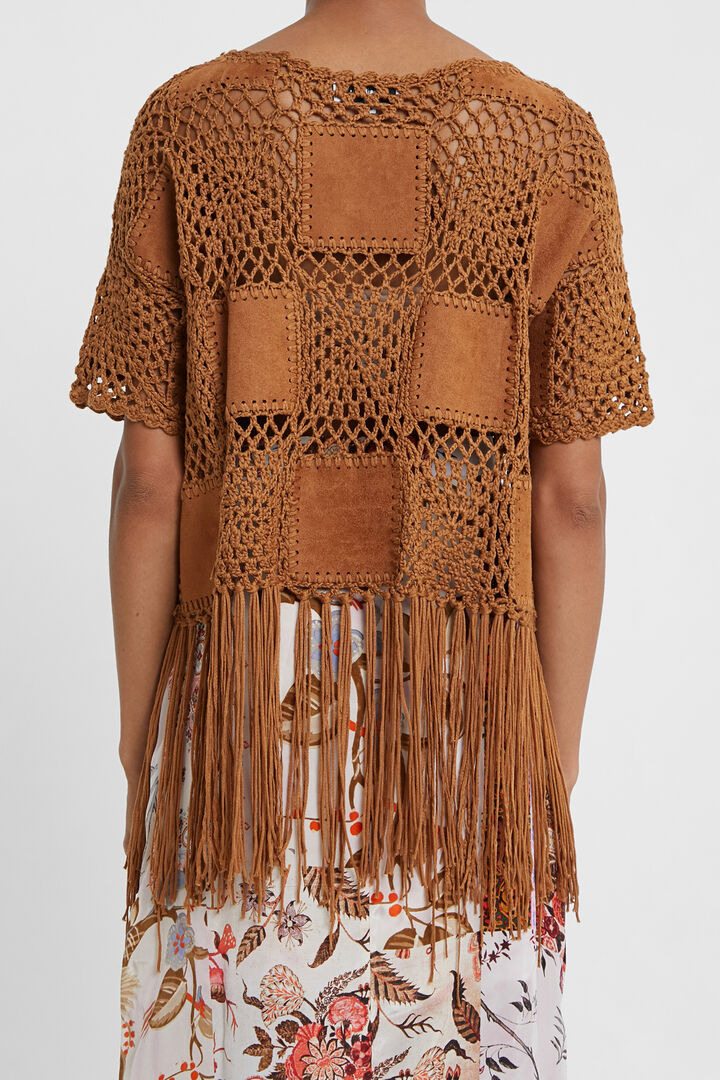 Pull patch en crochet, cuir et à franges | Desigual