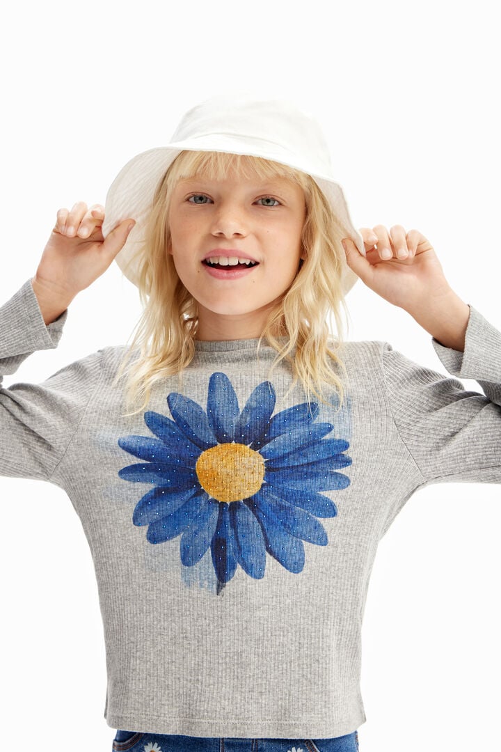 Ribbed T-shirt with flower illustration