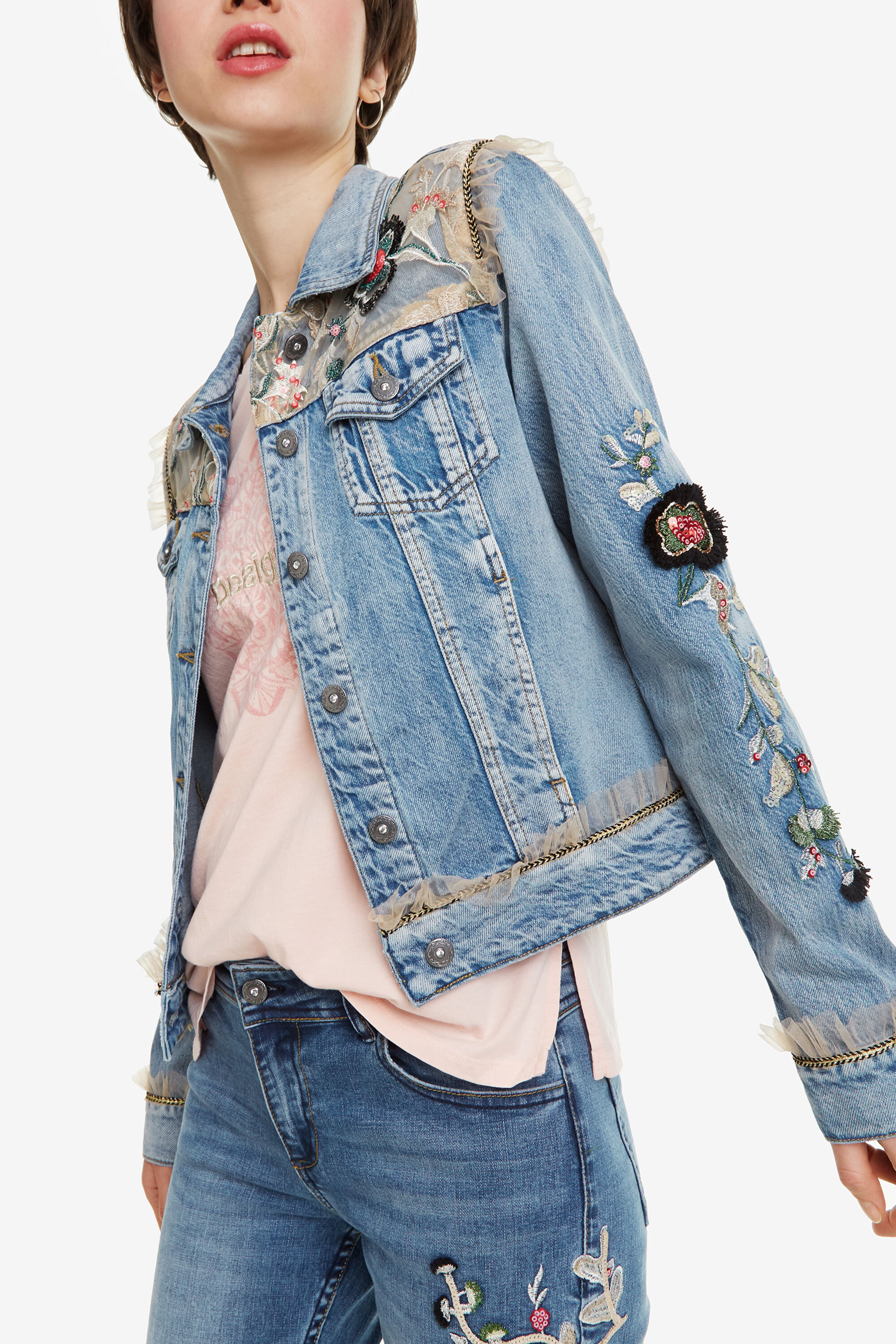 Customised Jacket Flowers Pearls Desigual