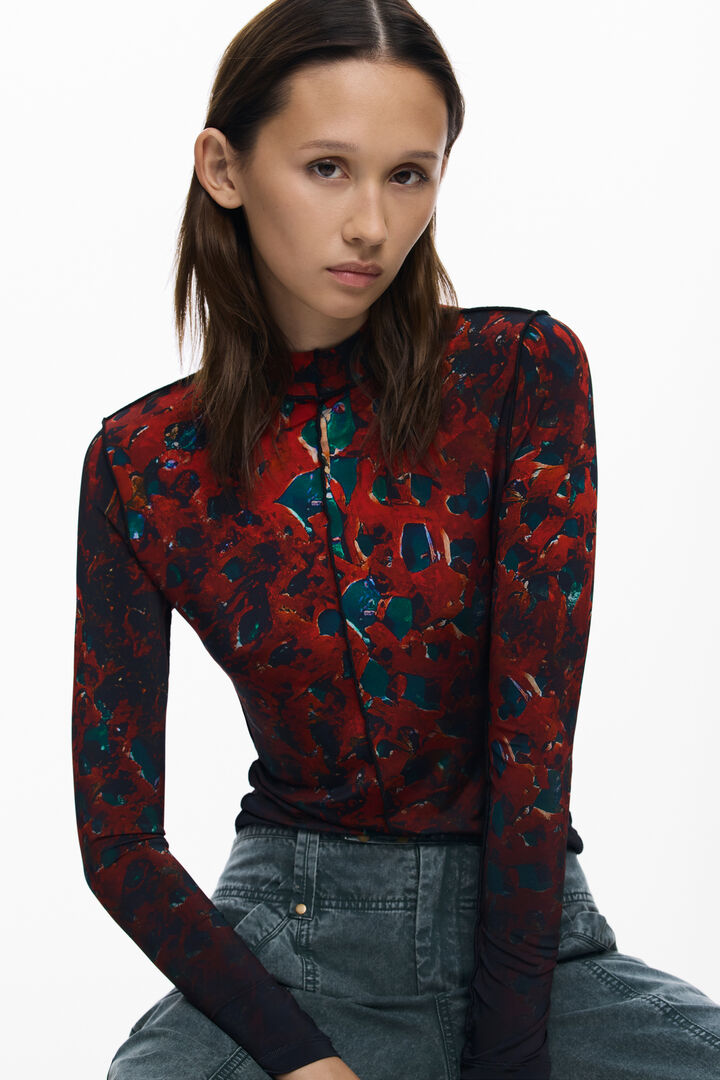 T-Shirt mit Blättern und Nähten | Desigual