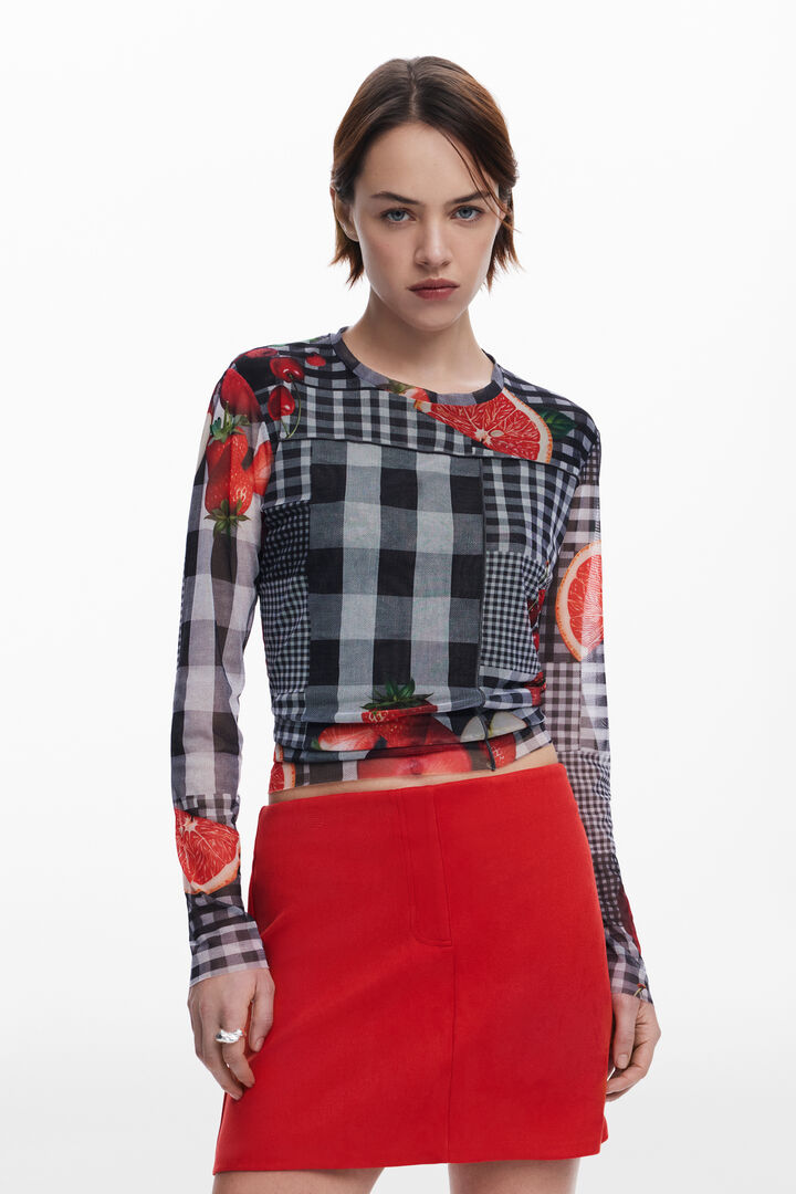 Vichy tule T-shirt met fruitprint