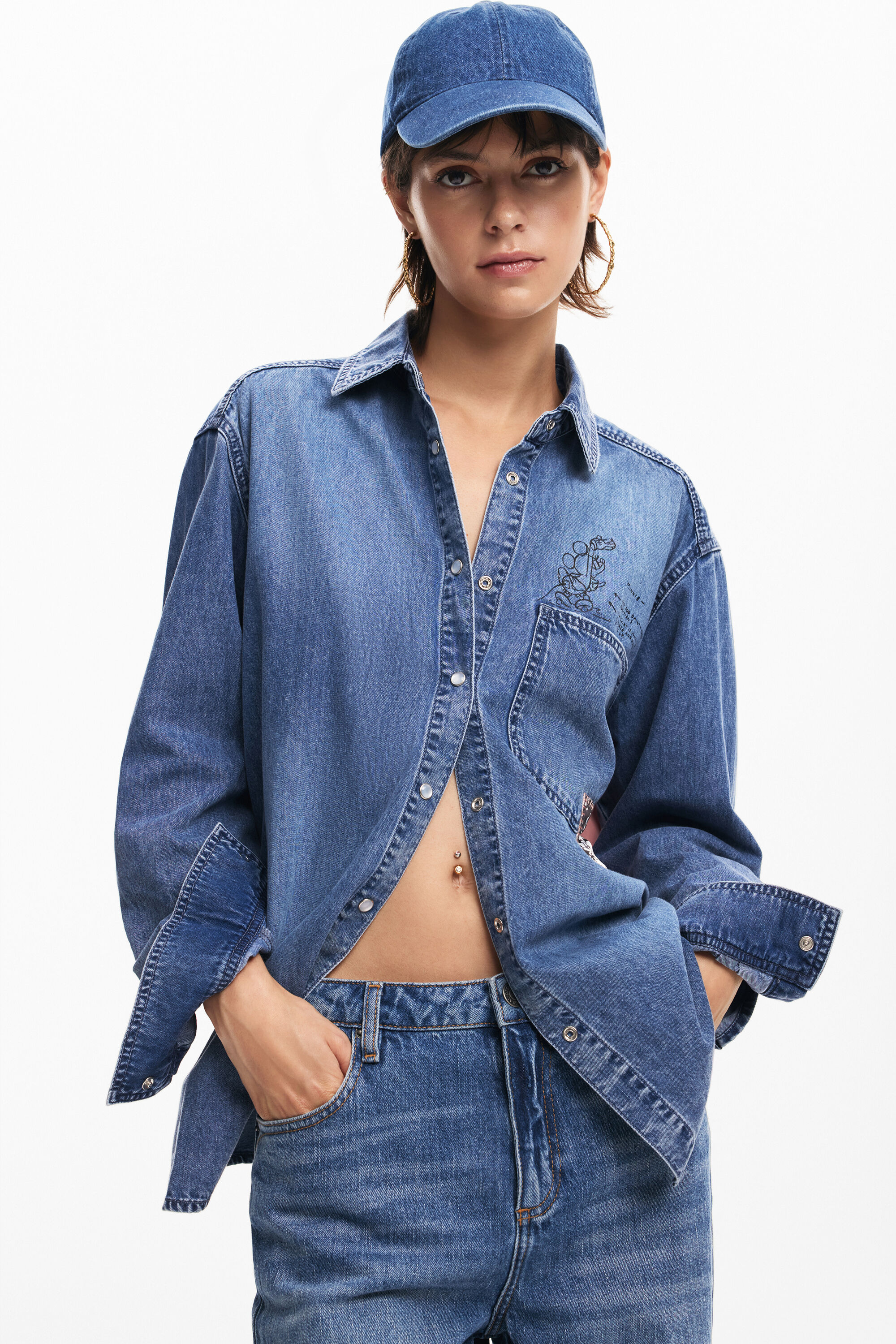 Desigual Long-sleeve Denim Shirt Mickey Mouse In Blue