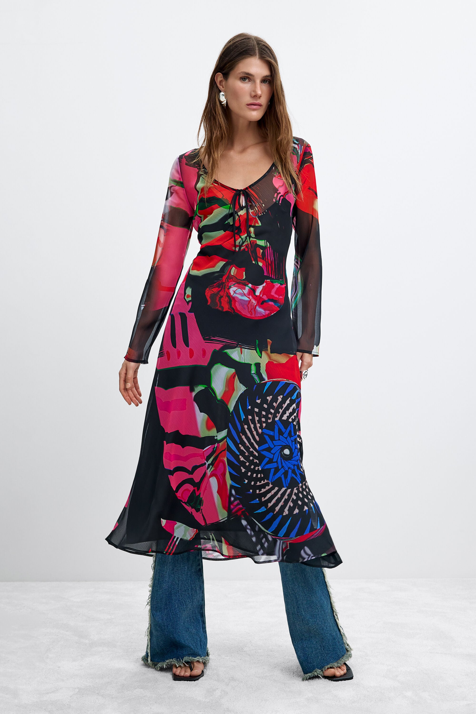 Desigual, Vestido Estampado Manga Larga M. C. Lacroix, Mujer, Poliester, Negro