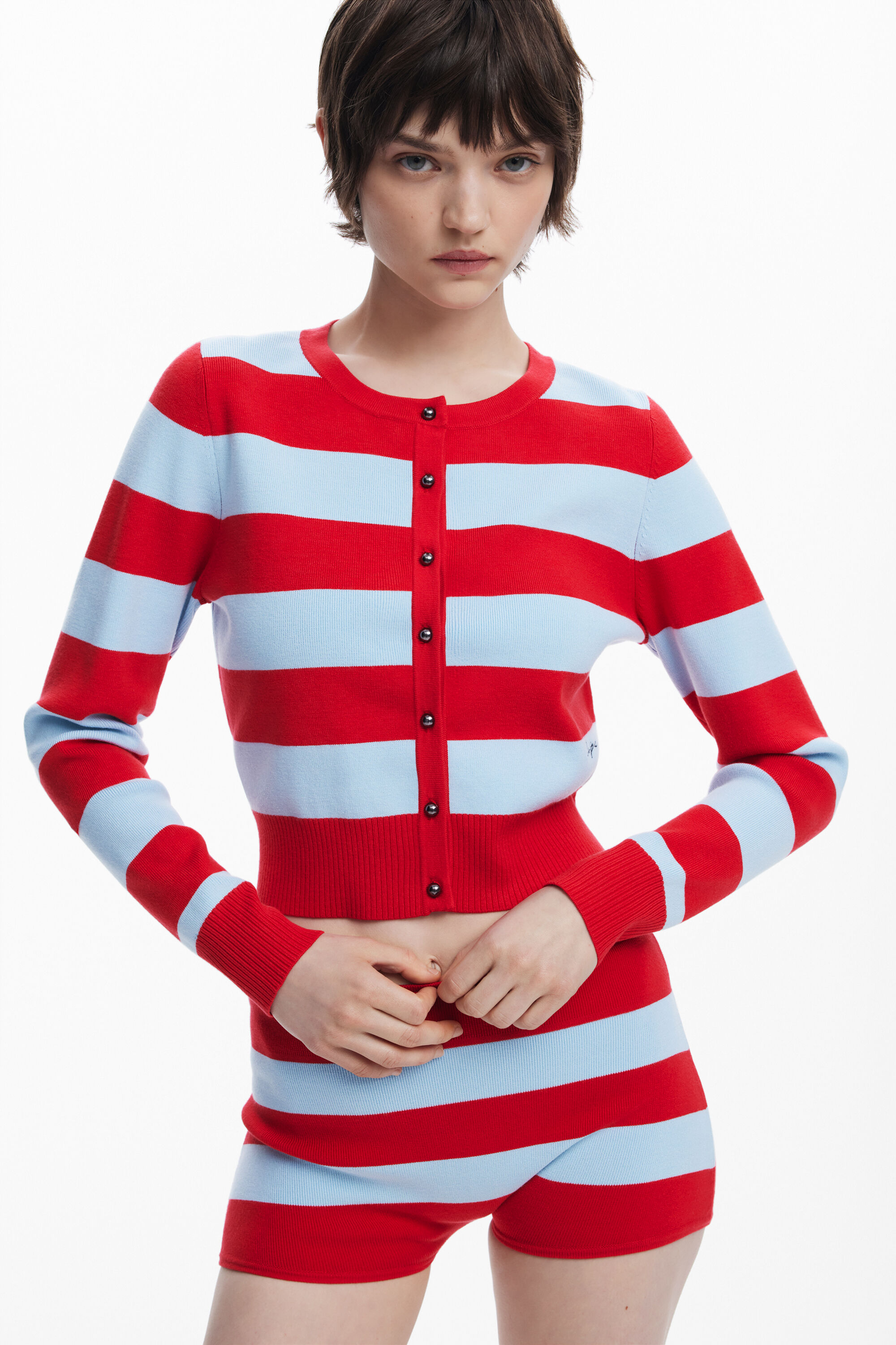 Desigual リブストライプカーディガン In Red