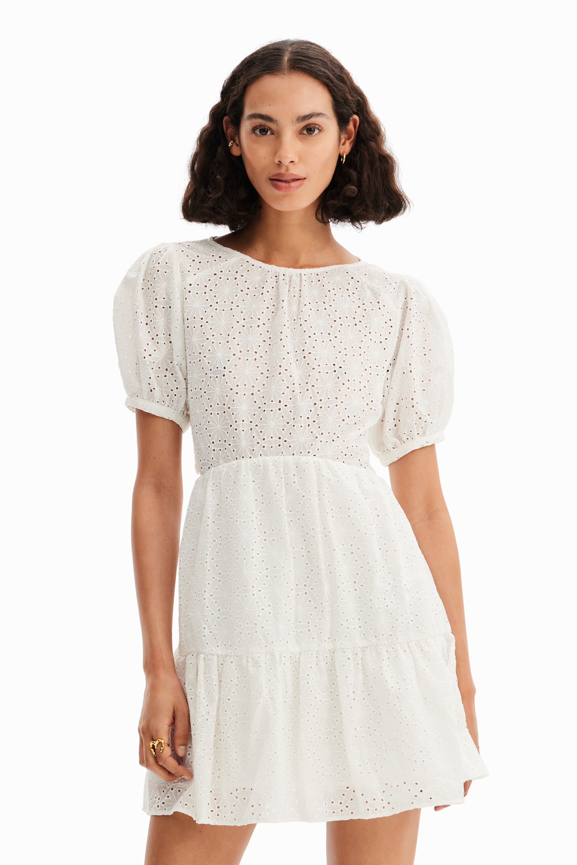 Desigual Short Swiss Embroidery Dress In White