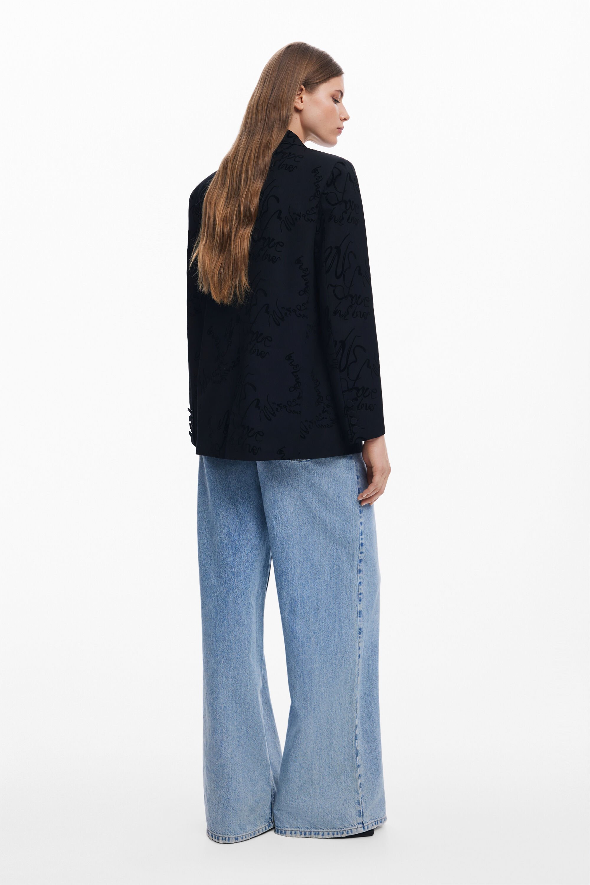 Desigual Lettering Peak Lapel Blazer In Black