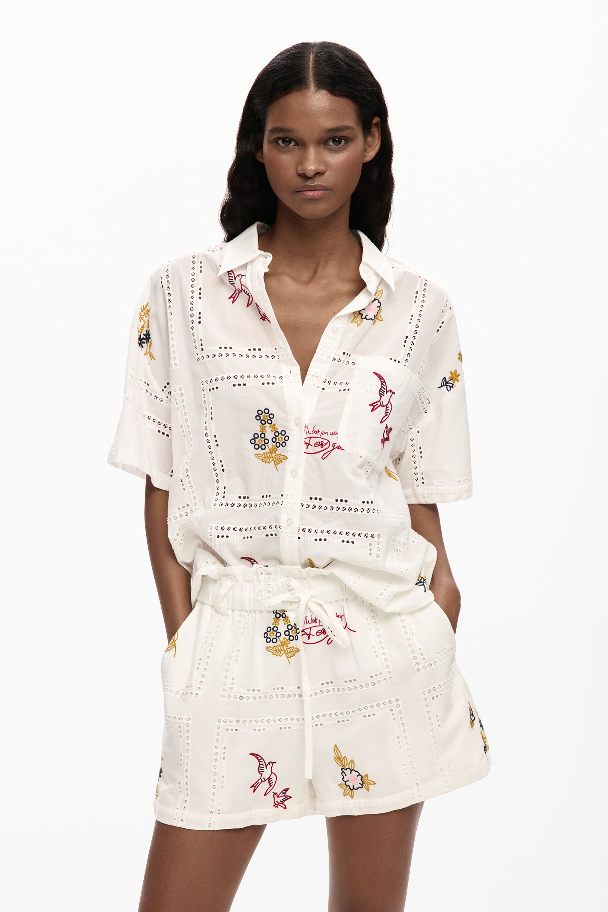 Desigual, Kurzarmhemd stickereien, Damen, Baumwolle, Weiß, L