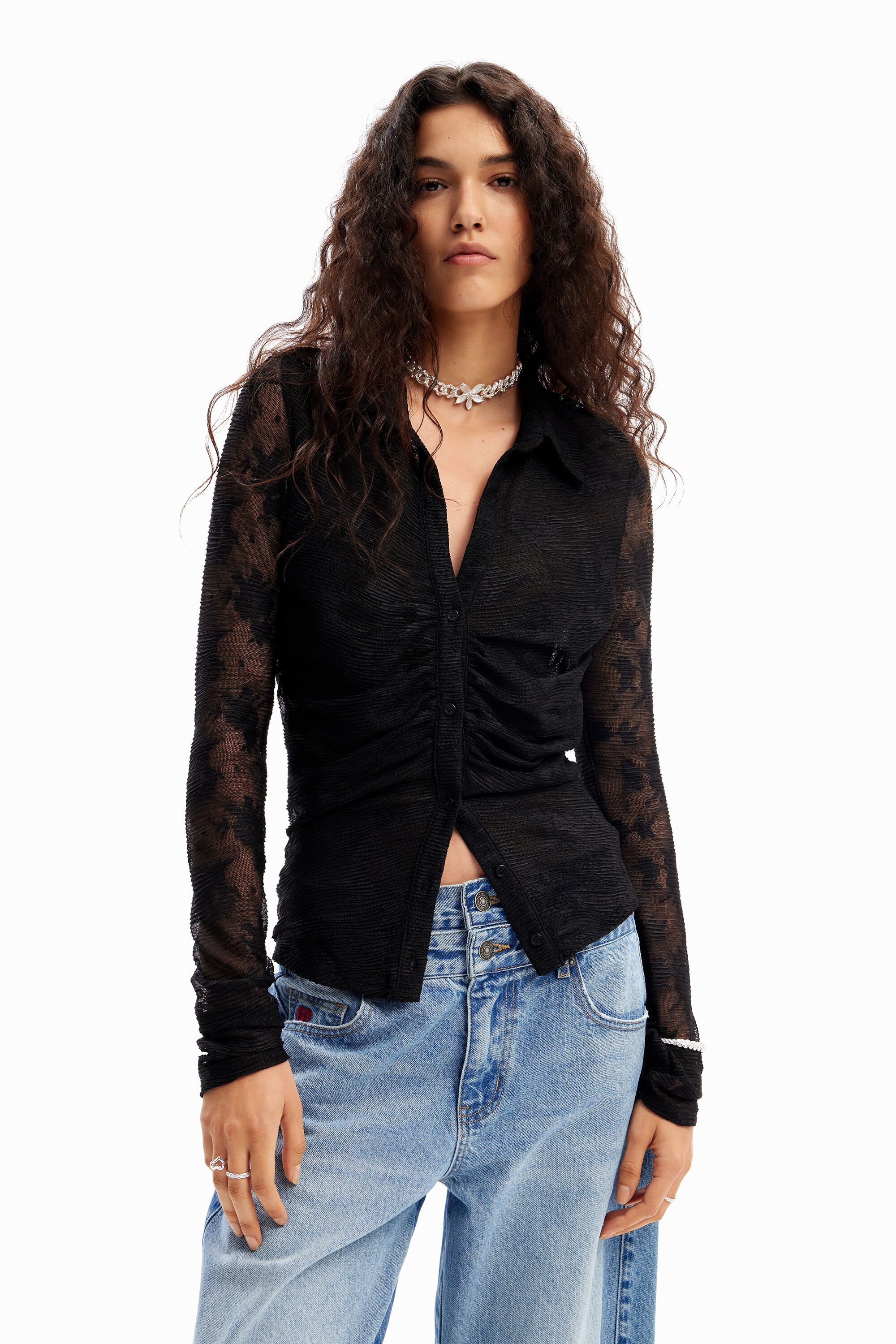 Desigual Gathered Tulle Floral T-shirt In Black