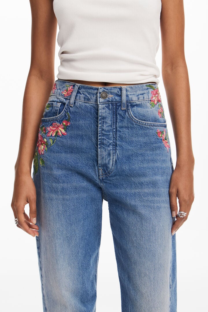 Long denim pants with flowers | Desigual