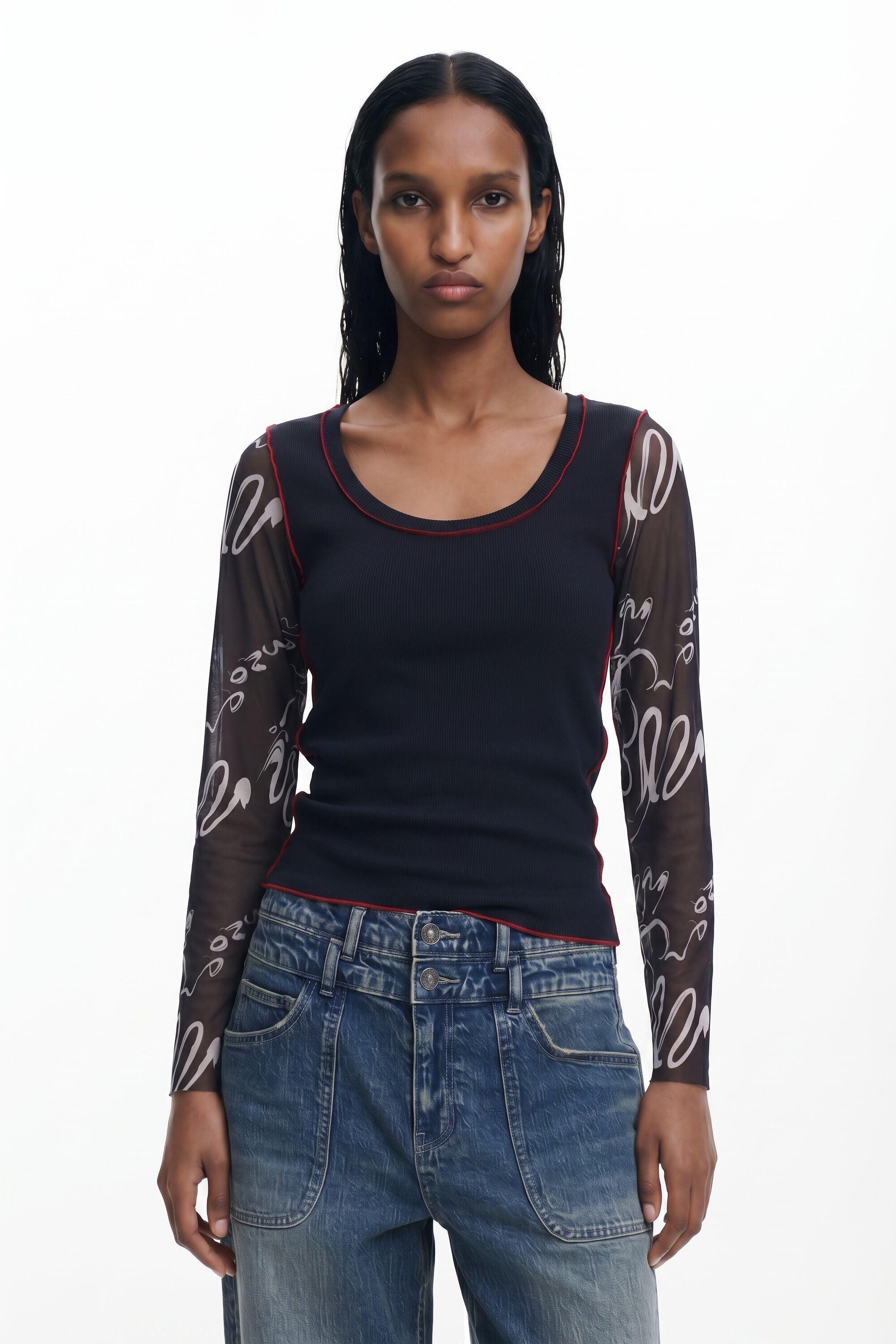 Lettering sleeve T-shirt - BLACK - M
