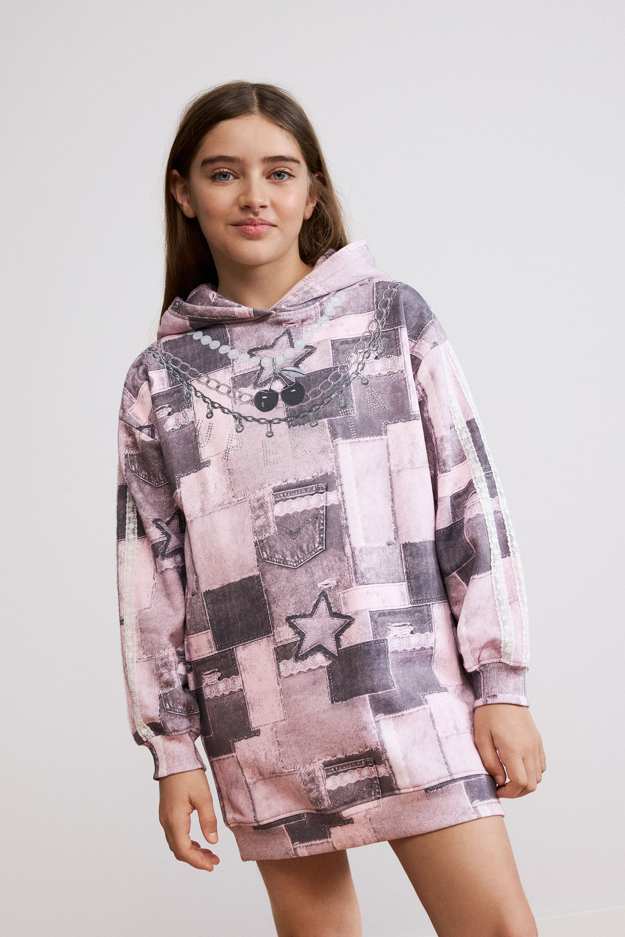 Vestido sudadera estampado denim patchwork